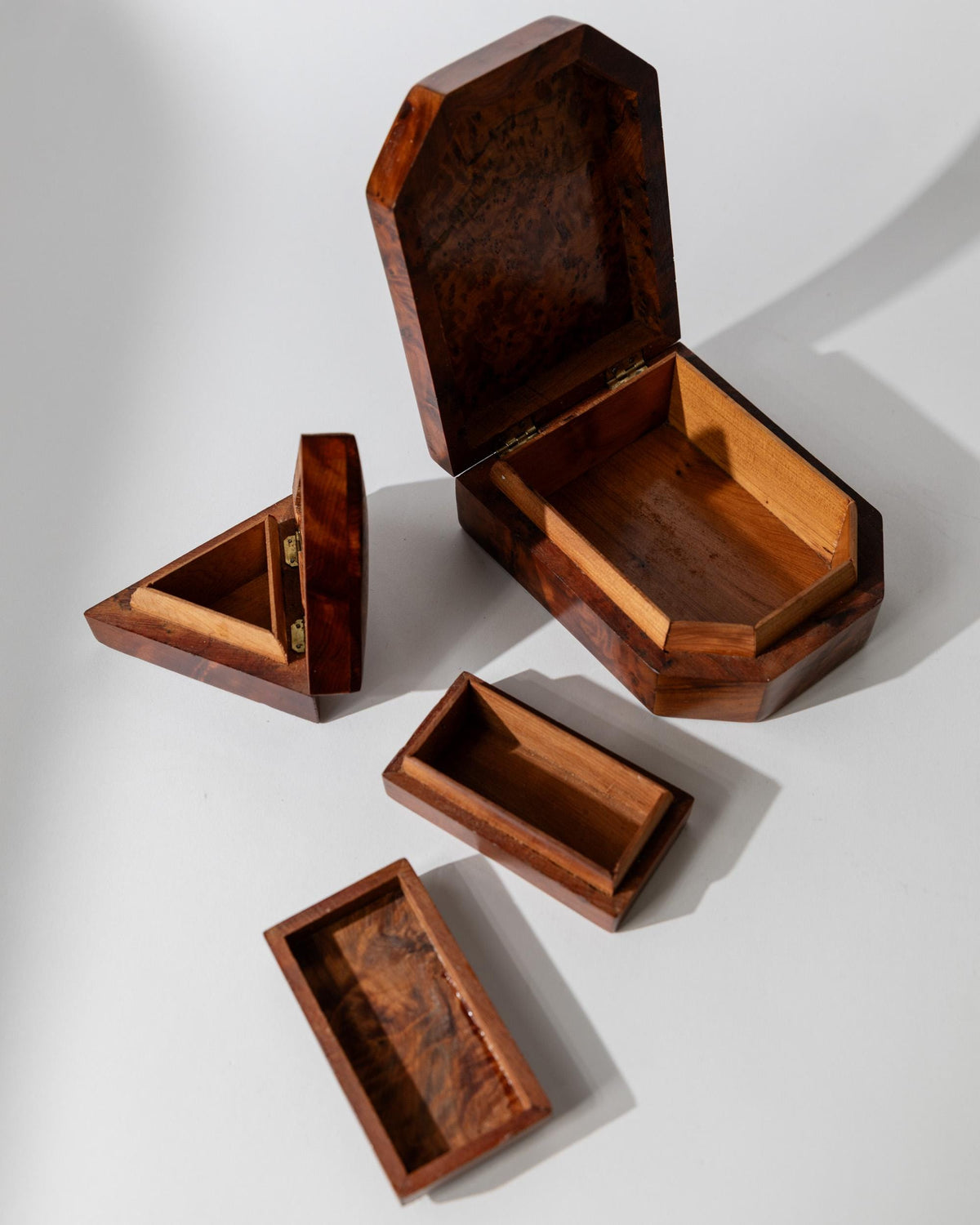 Vintage 1970s Burl Wood Desk Set of 3 Boxes, Different Sculptural Shapes, Mid Century Wooden Storage, Elegant Office Accessories, Gift Idea — alternate view