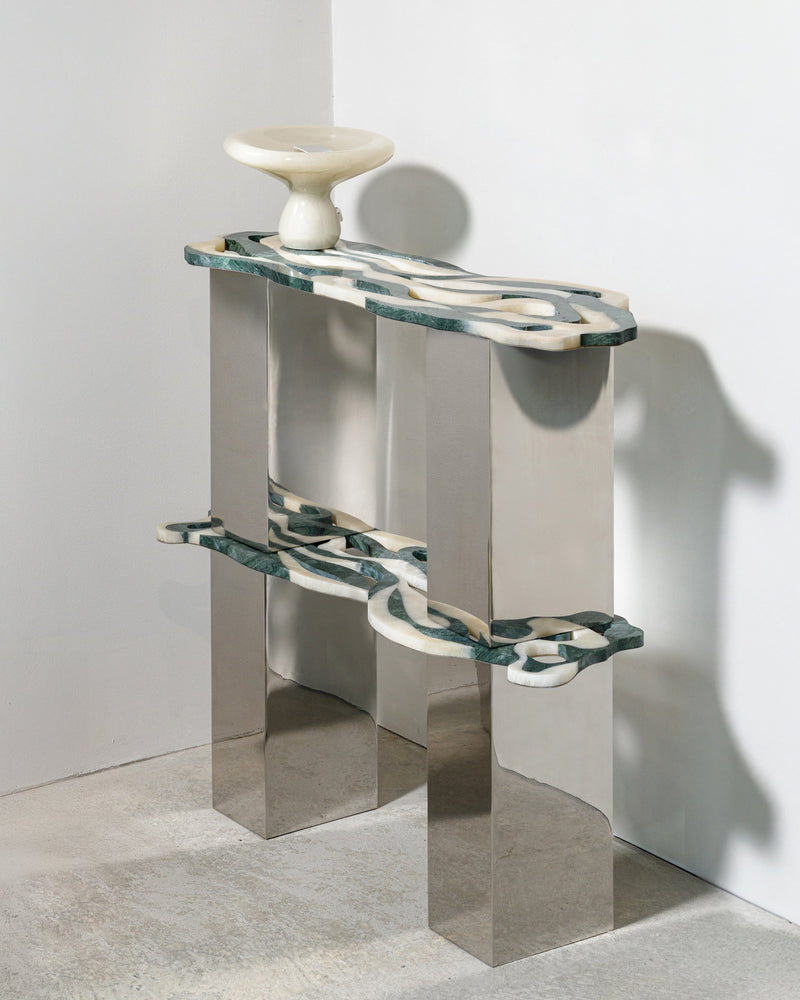 Orbis marble and metal shelf with curved organic shelves