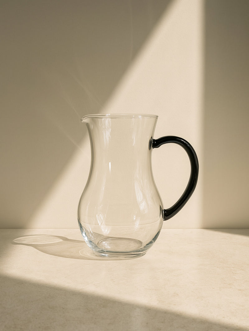 1980s Art Deco Revival carafe by Dodo Vintage | The Oblist — clear glass, black handle