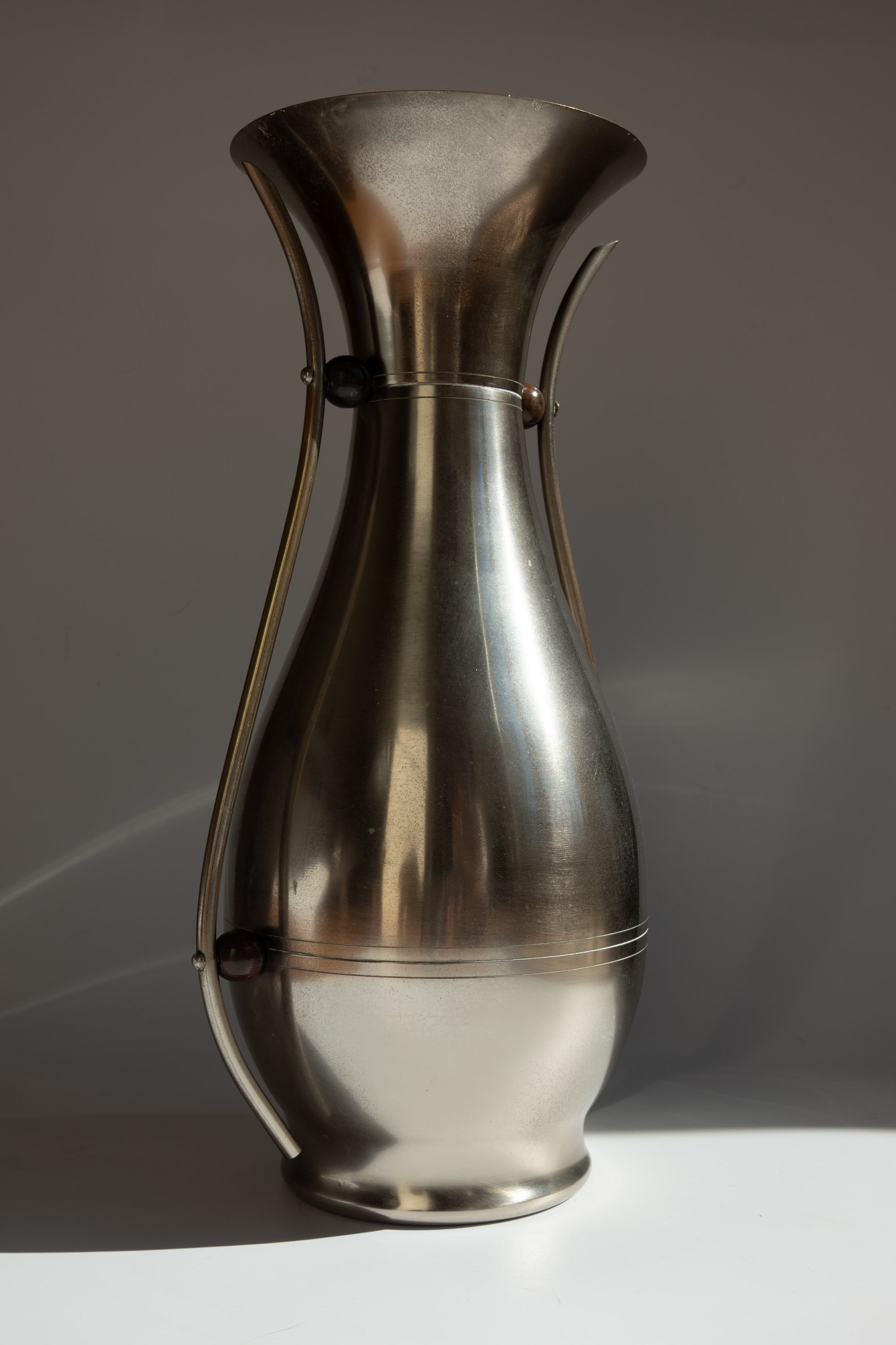 Dovo Holland Twin-Handled Metal Vase with Wooden Beads, c. 1950s — detail view