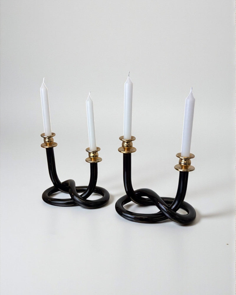 Pair of Black Candleholders by Dorothy Thorpe, 1970s by Malamar Studio | The Oblist — vintage black glass and brass