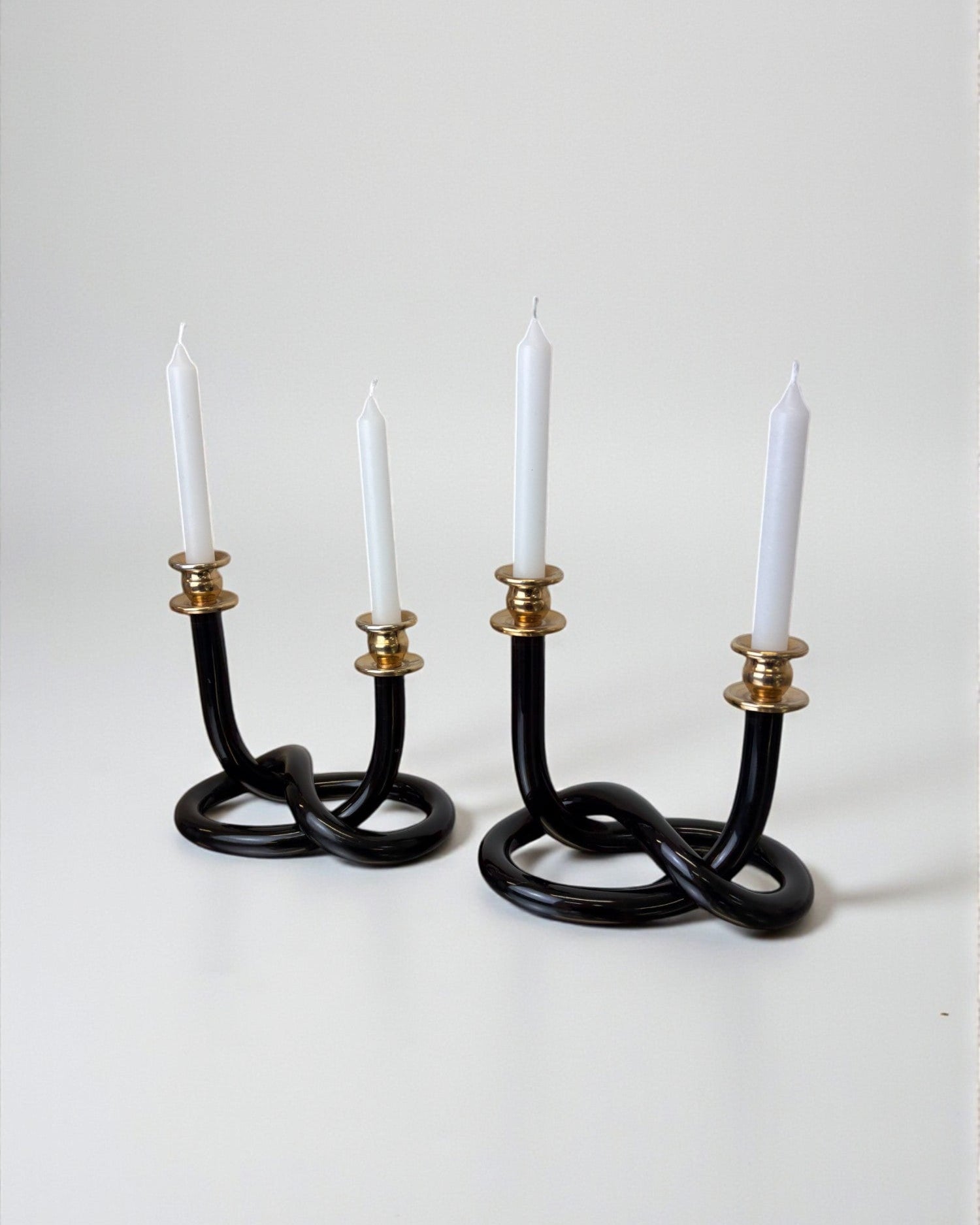 Pair of Black Candleholders by Dorothy Thorpe, 1970s by Malamar Studio | The Oblist — vintage black glass and brass