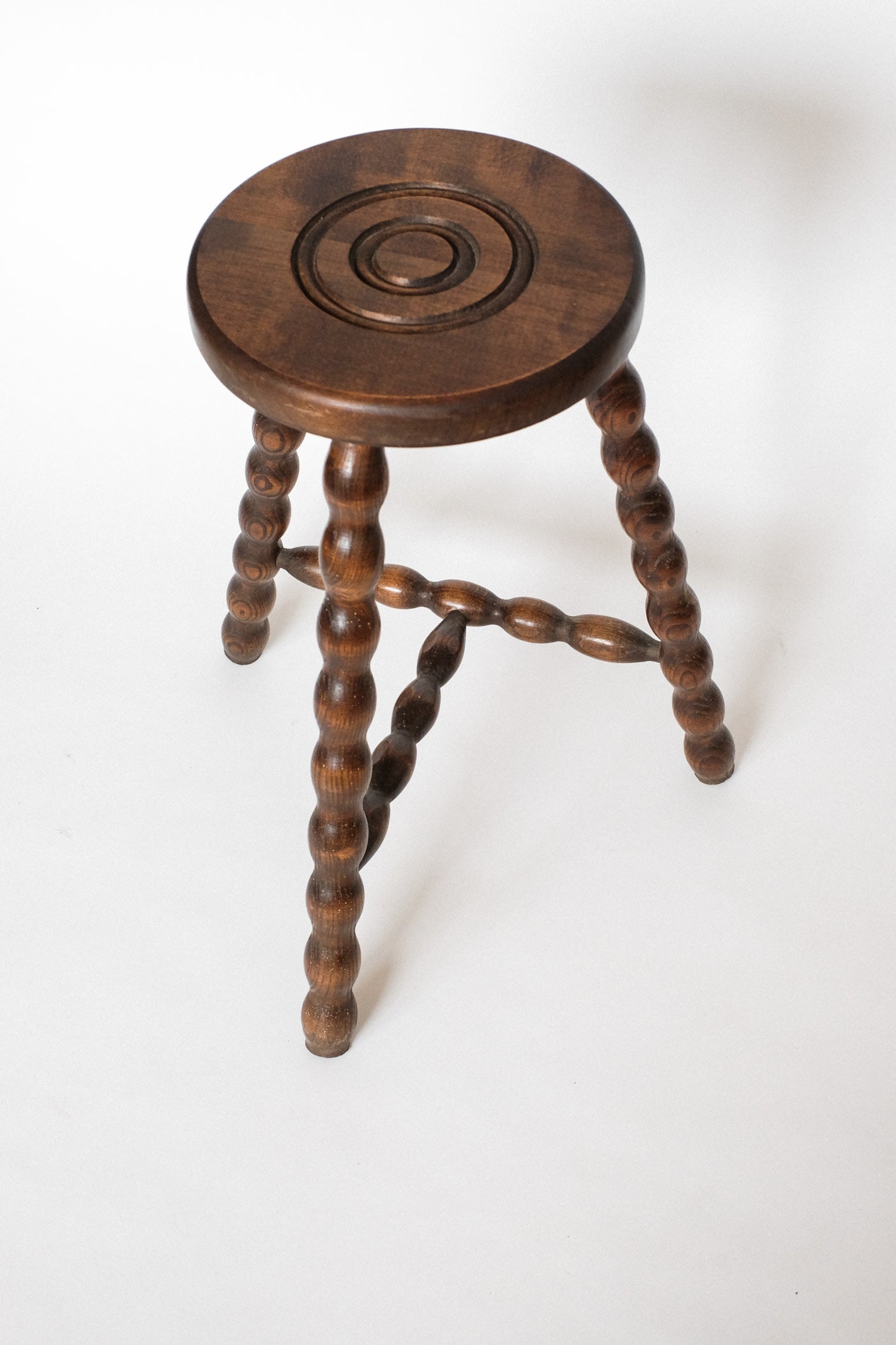 Charming Vintage French Bobbin Leg Wooden Stool — detail view