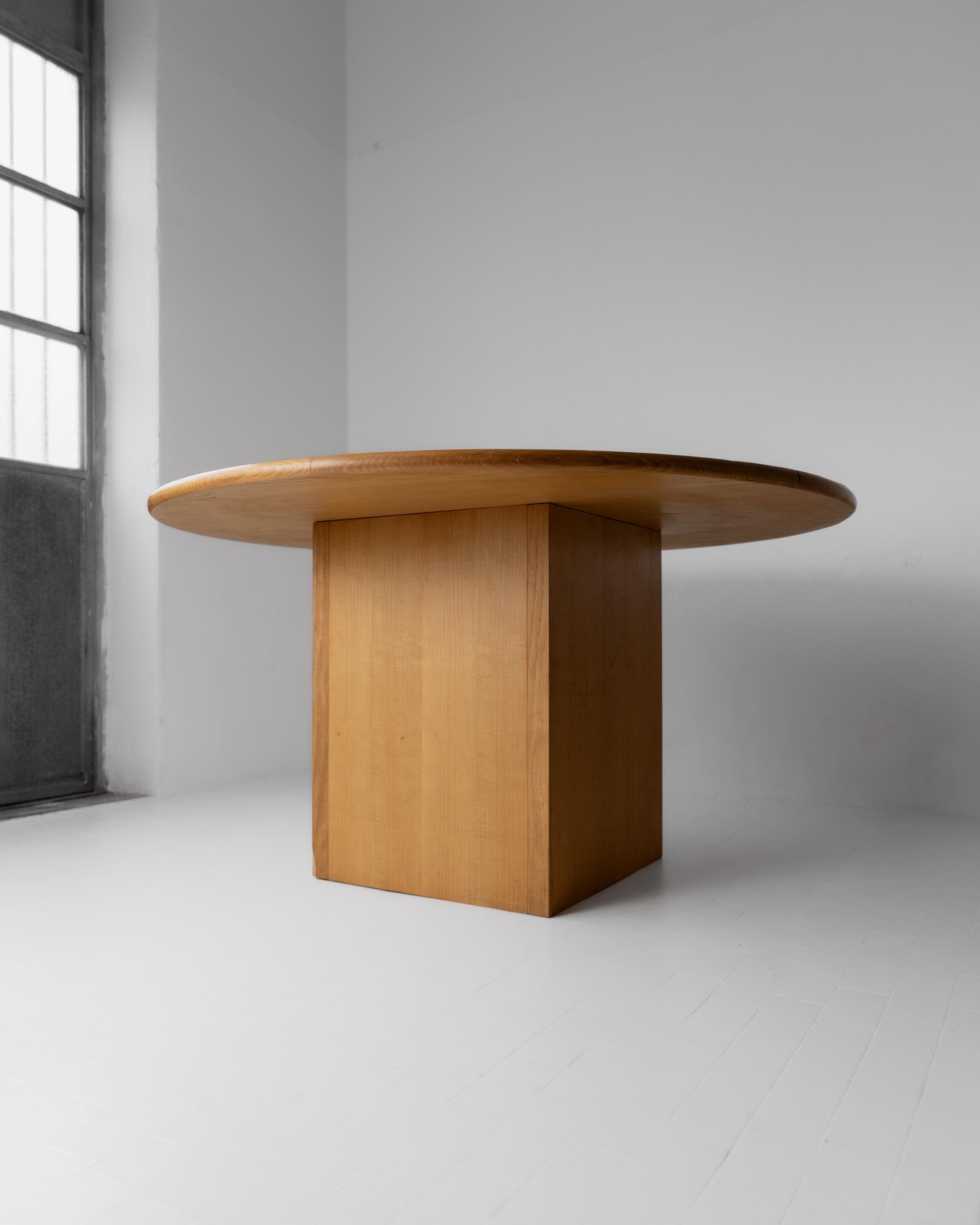 1980s Large Round Wooden Table — side angle showing light wood base