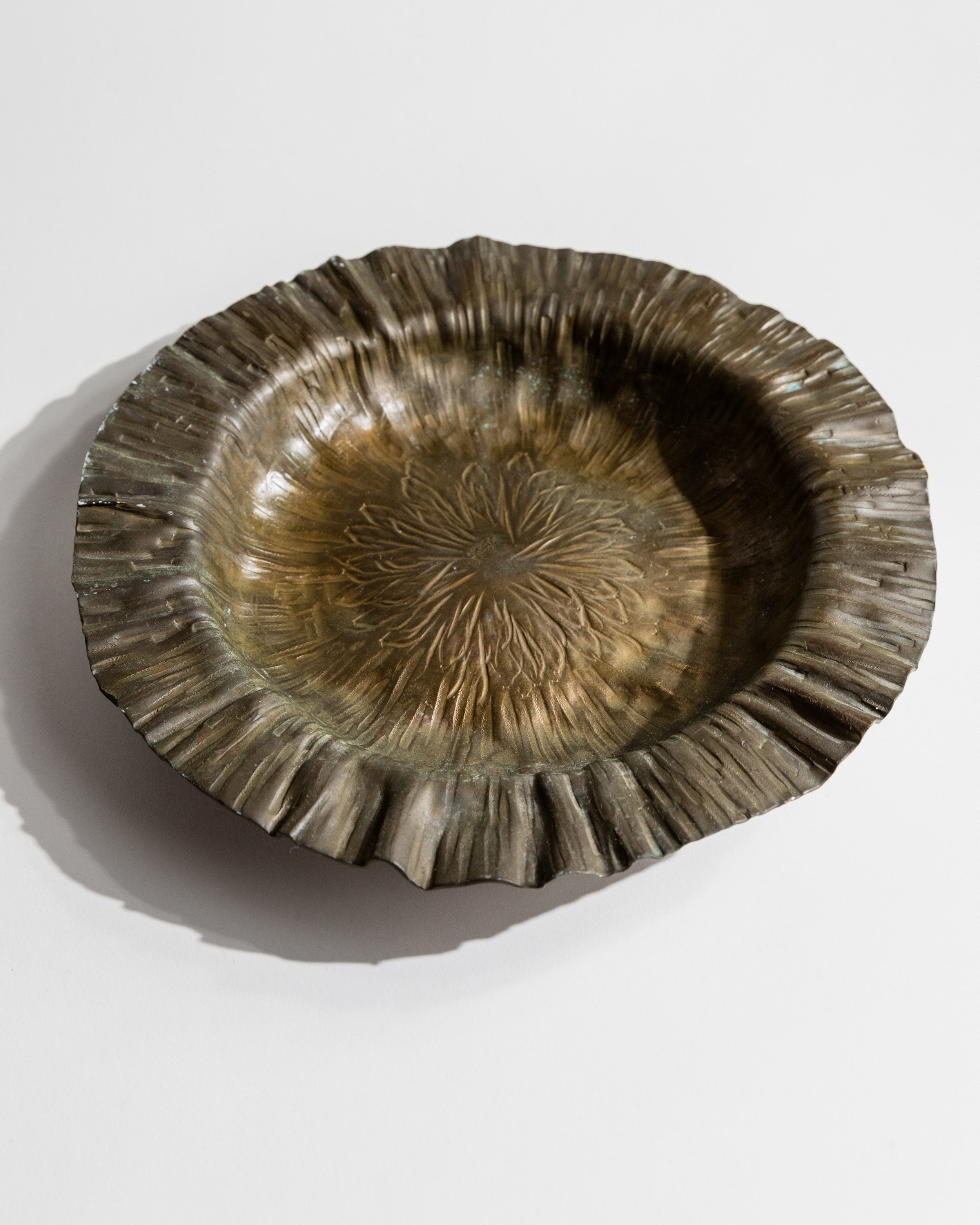 Interior view of 1960s Italian brass decorative bowl with fluted rim