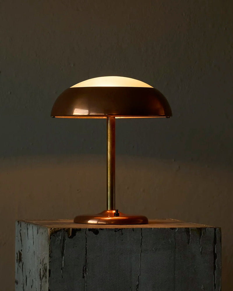 Art Deco Table Lamp in Patinated Copper, Brass and Satin Glass 1950s by ORNAMENTUM | The Oblist