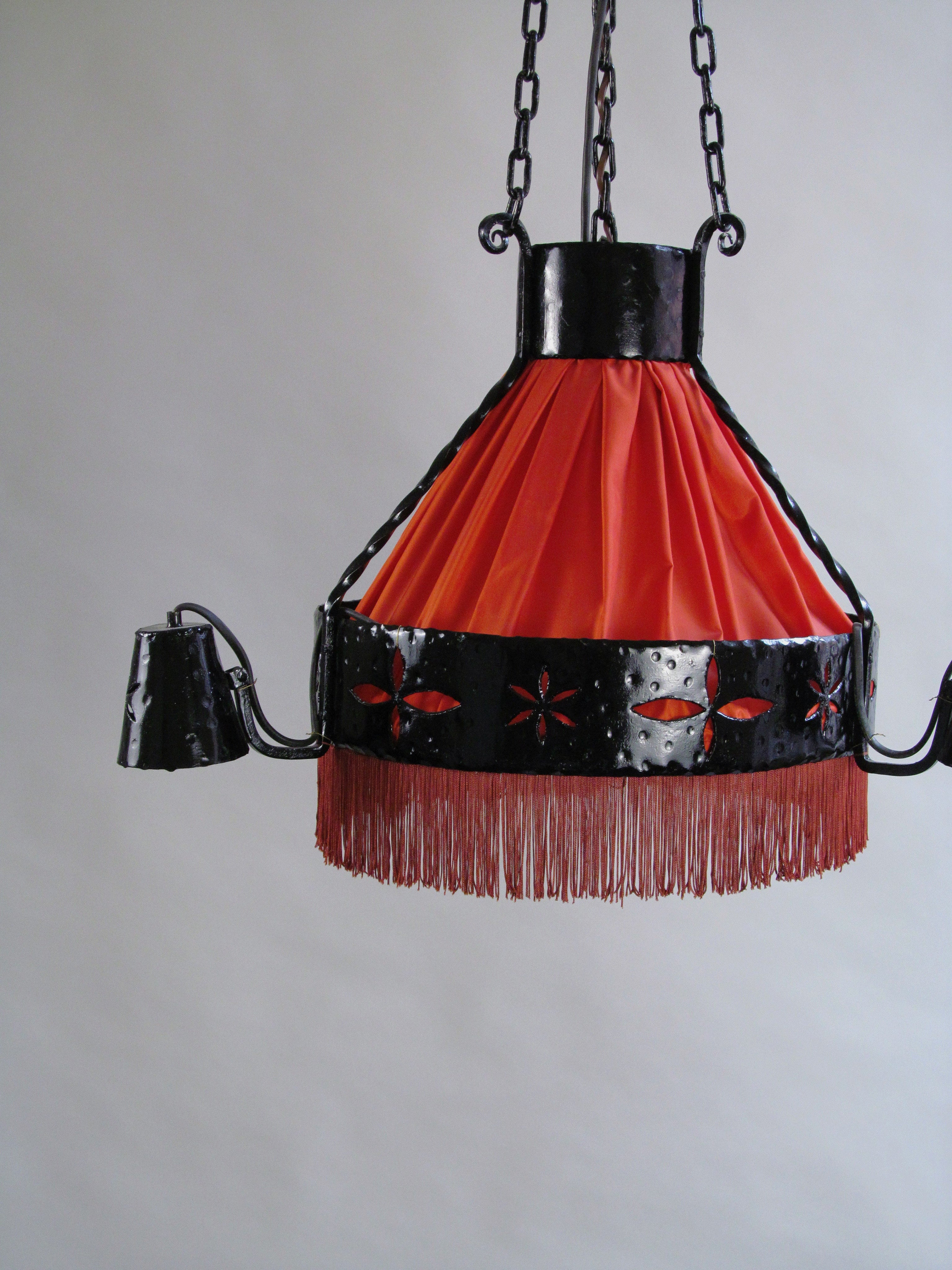 Art Nouveau Chandelier c.1900-1920 — angled view with vibrant red fabric shade