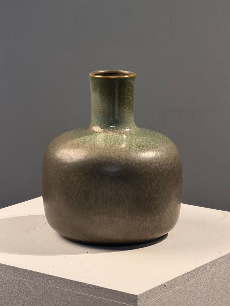 Speckled green glazed earthenware bottle vase, circa 1970 by Figuresdesign | The Oblist