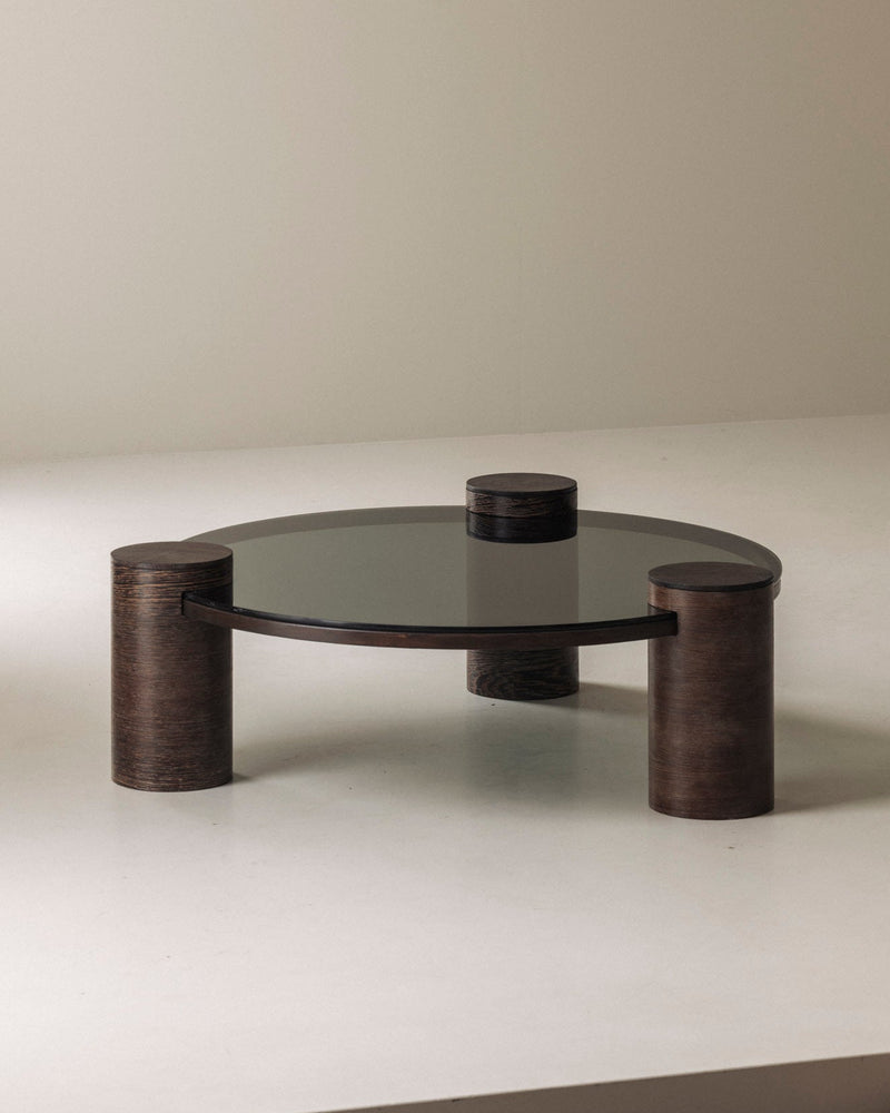 Sculptural Brutalist Wengé and Smoked Glass Round Coffee Table, 1970s — detail view