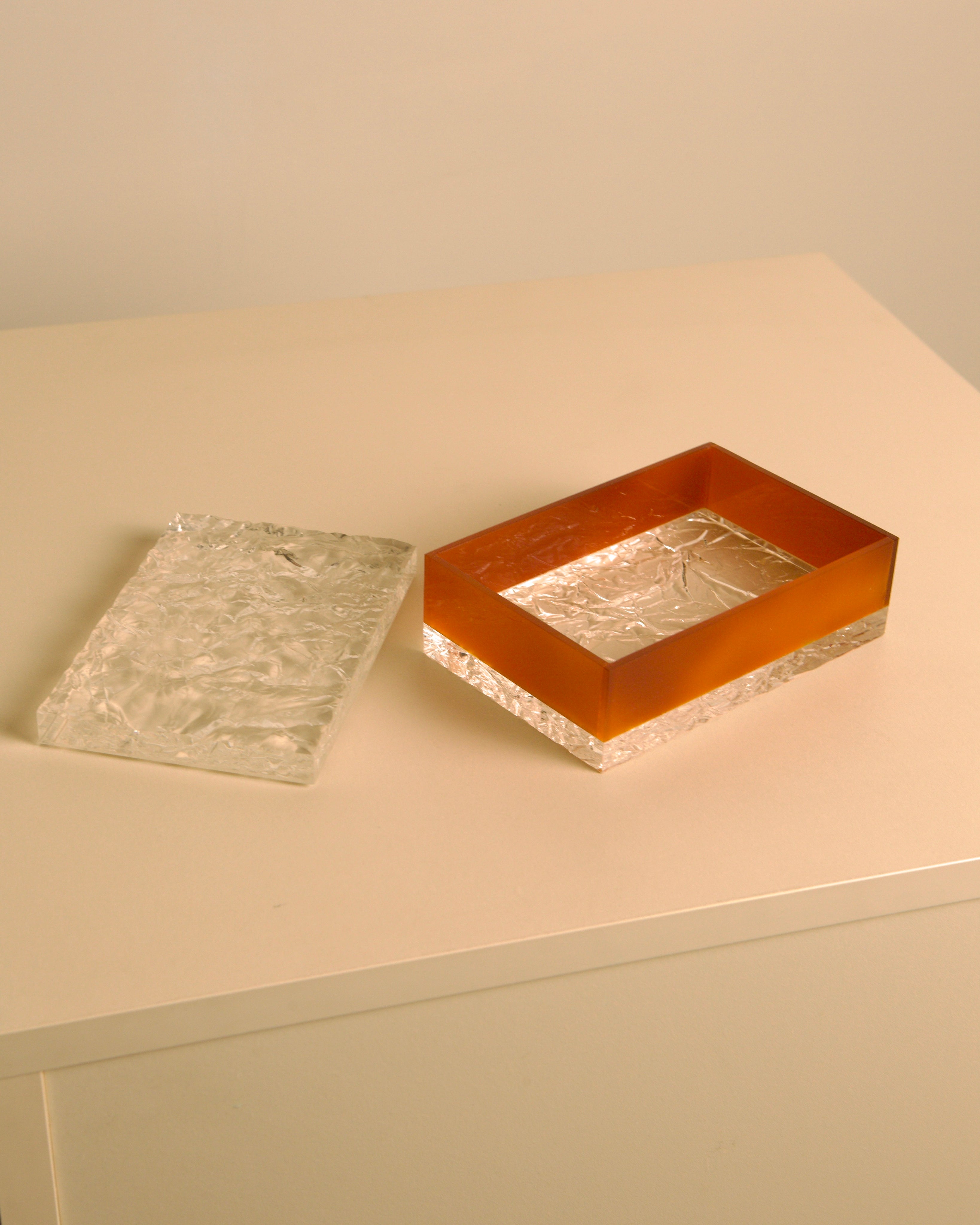 Italian Box in Smoked Plexiglass — side angle showing clear and amber layers