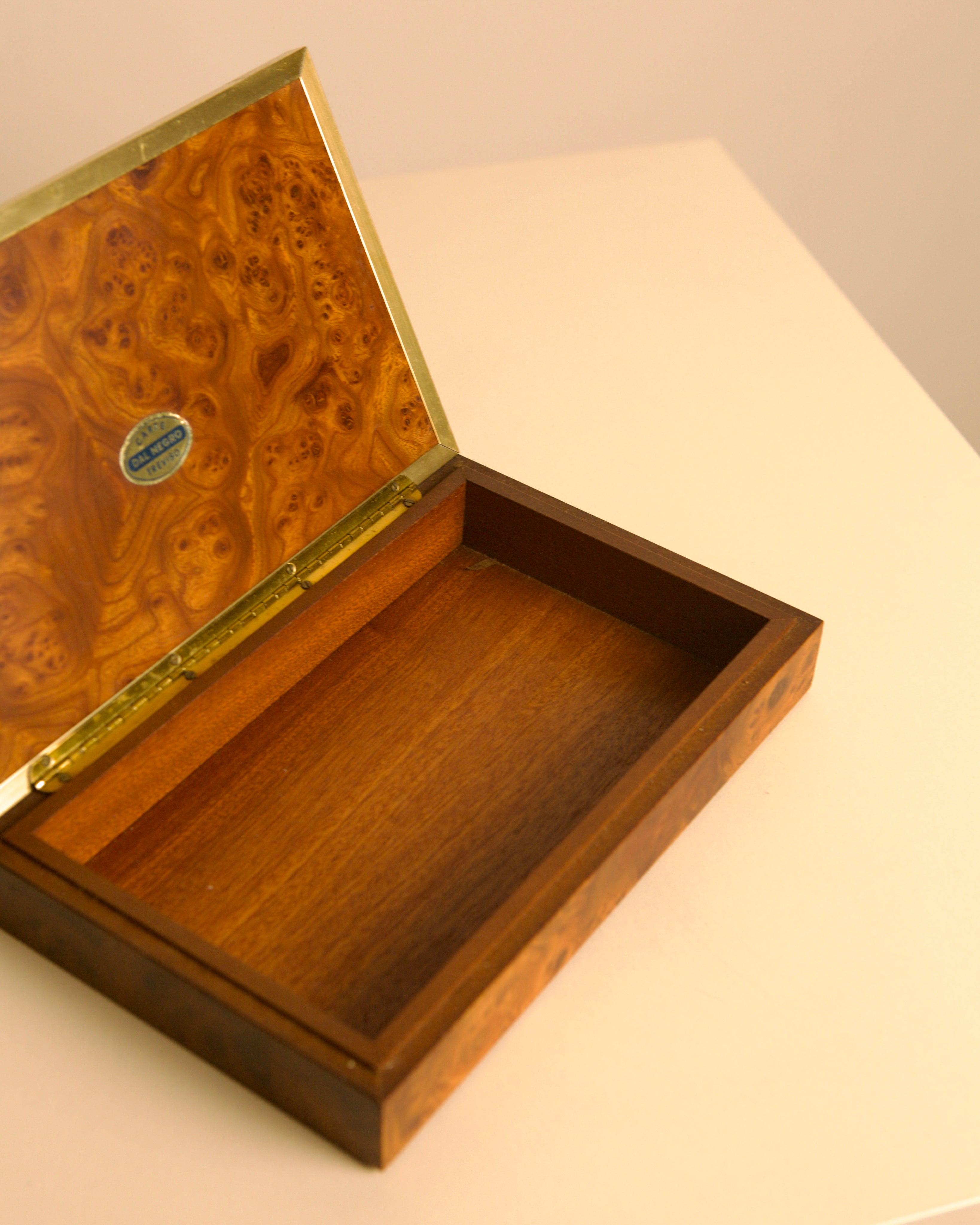 Italian box in elm wood and brass, 1960s — open view showing interior craftsmanship