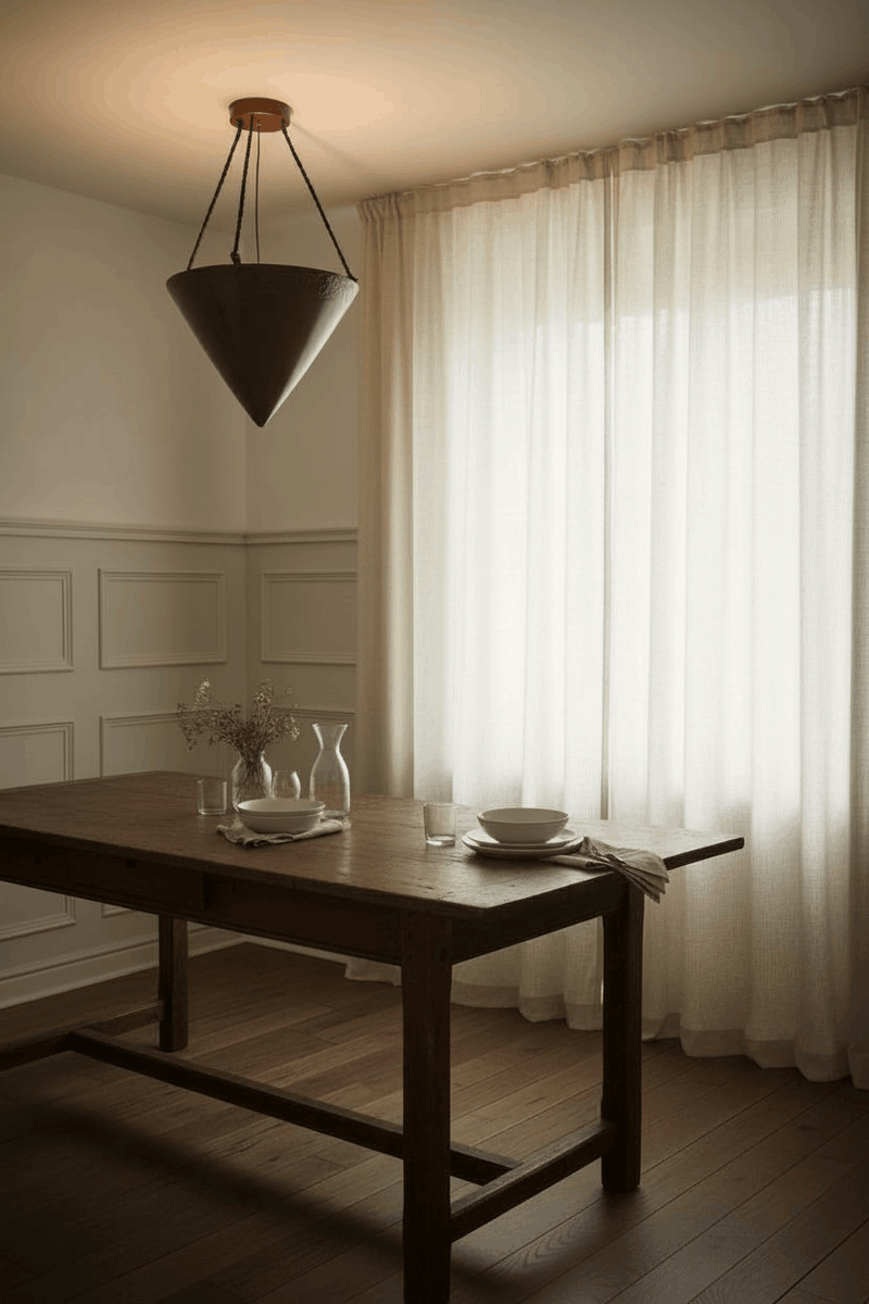 Vestige Handcrafted Pendant Light in Ceramic — overhead view in dining room setting