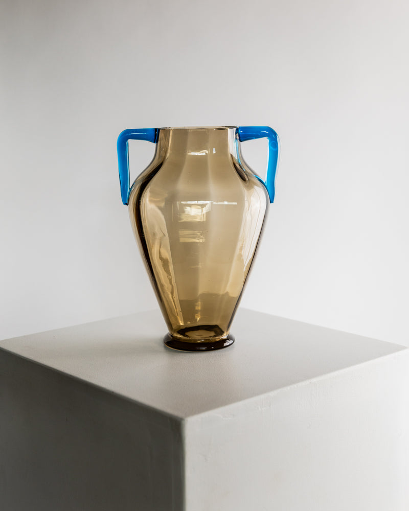 Amber Murano glass amphora vase with blue handles, 1960s Italy