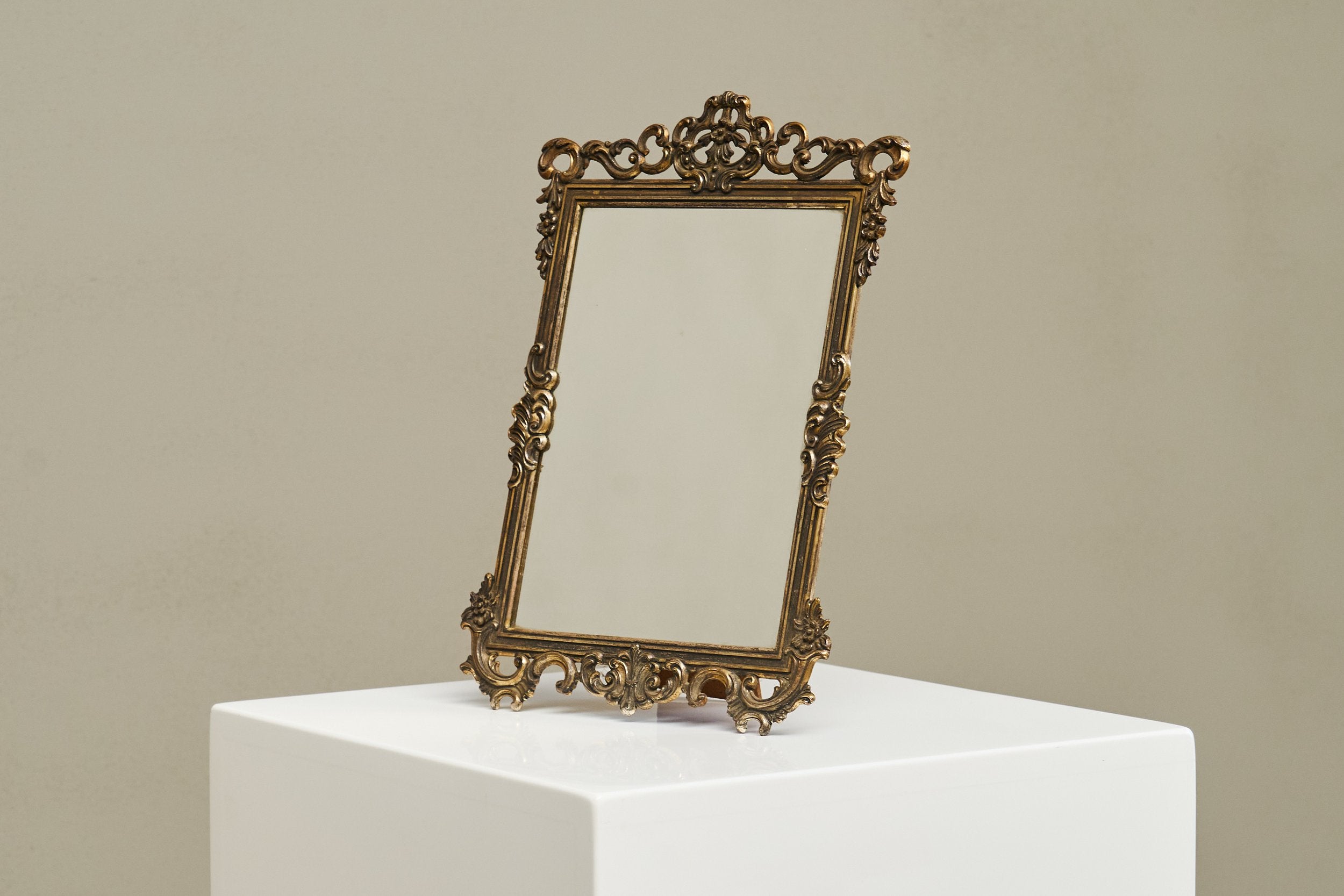 Ornate Italian Table Mirror in Patinated Silver Plated Brass, Mid 20th Century — additional view