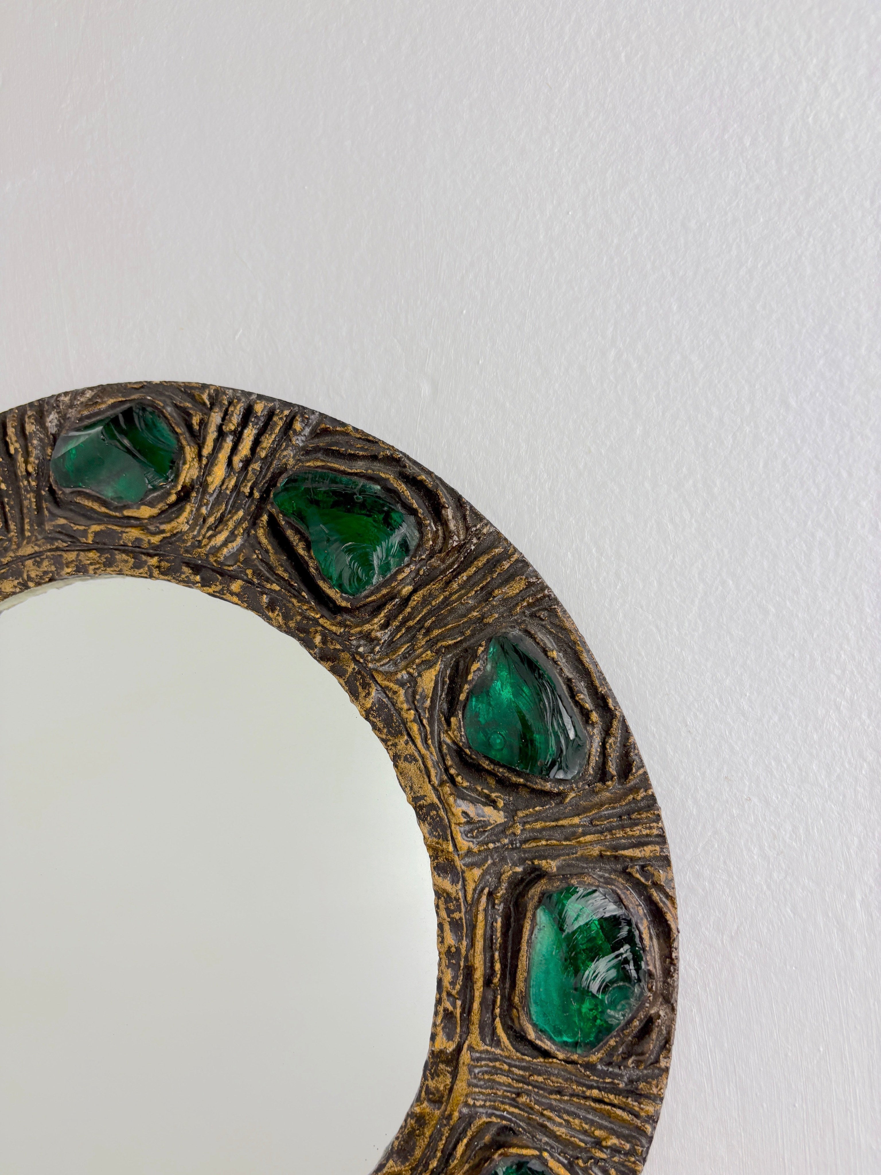 Italian Mid-Century Mirror by Creaciones Gobesso, Green Murano Rock Crystals, 1960s — side angle