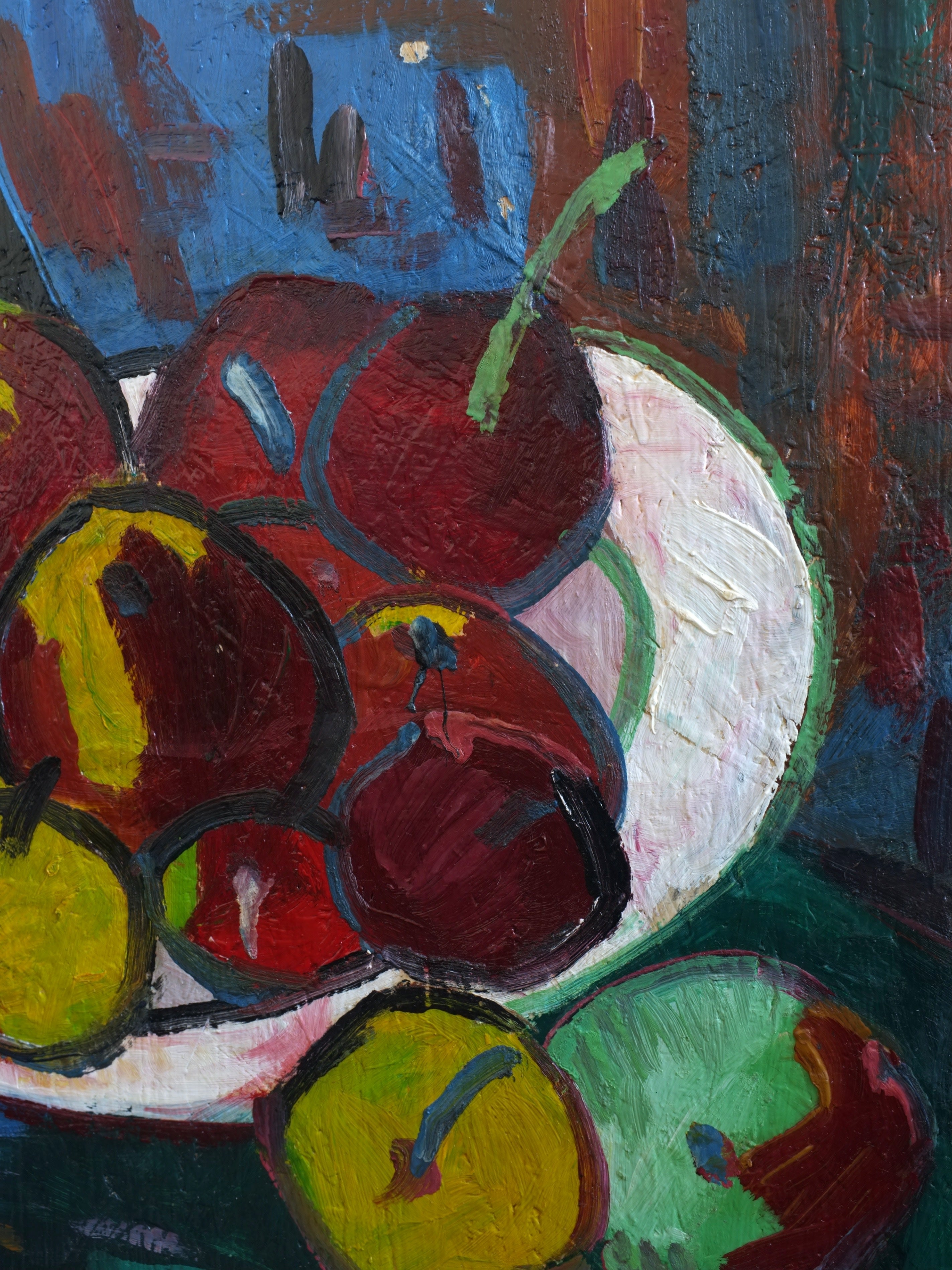 Uldis Rēdelis Still Life Painting "With Red Vessel" | Latvia | 2005 — close-up of vibrant fruit in white bowl