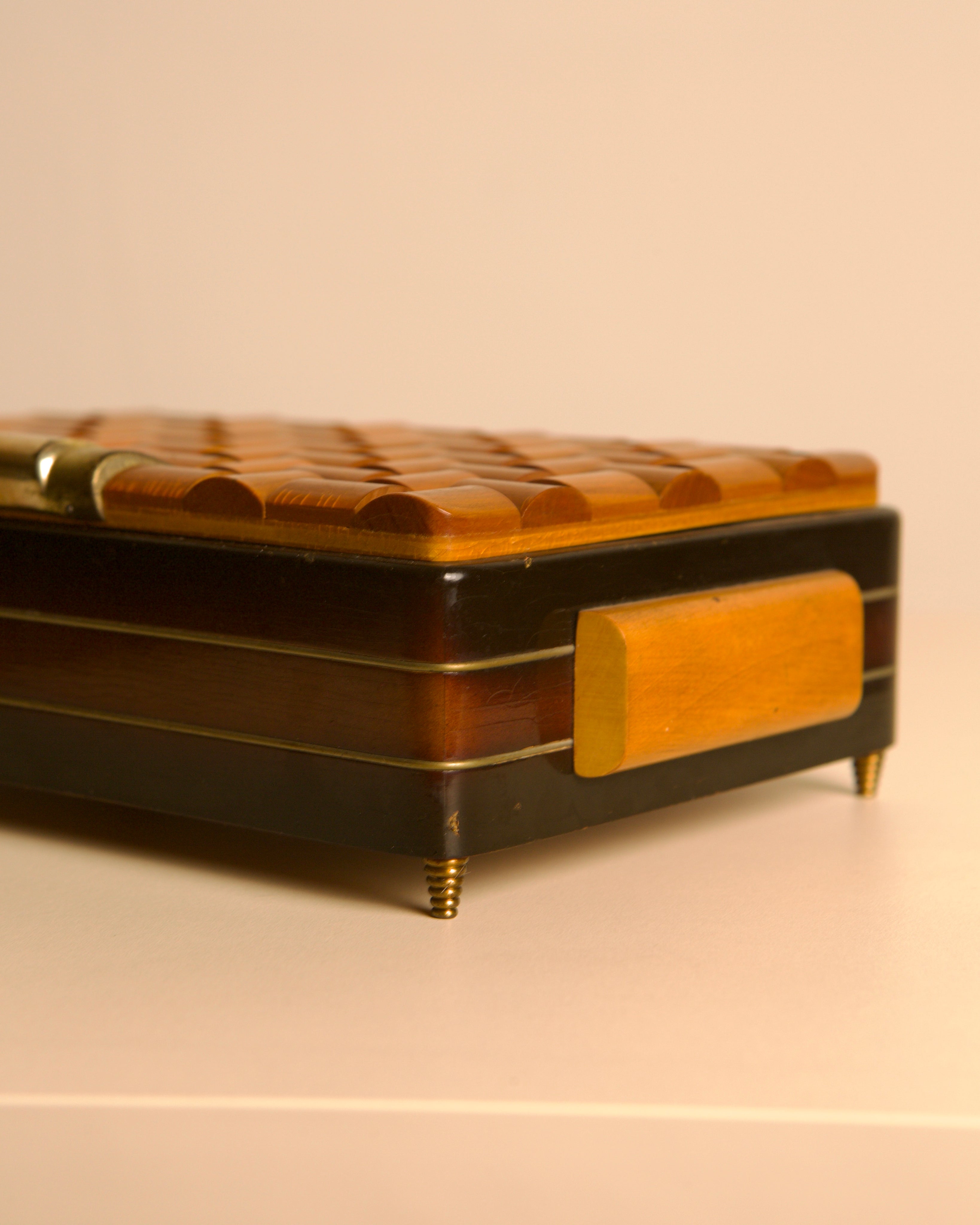 Italian Woven Wood & Brass Cigarette Box, 1970s — lifestyle setting