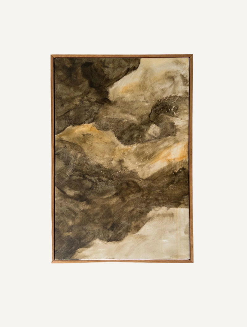 “Recess Of Dreams” by Natasha France is an original mixed media on canvas artwork, showcasing swirling shades of brown, beige, and black in a cloud-like effect. It comes framed with a thin wooden border and is set against a white background.