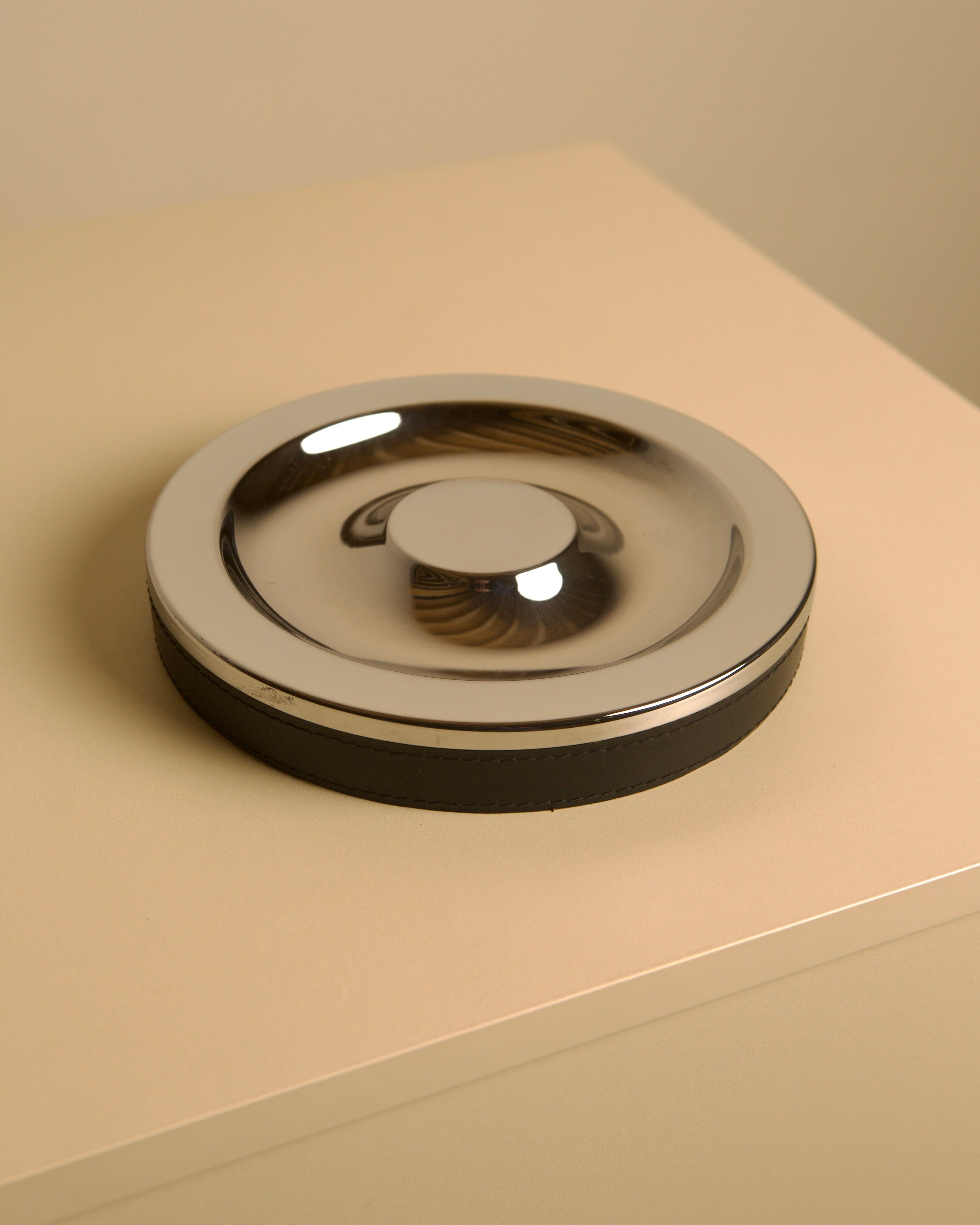 Italian Metal and Black Leather Valet Tray, 70s — top view on beige surface