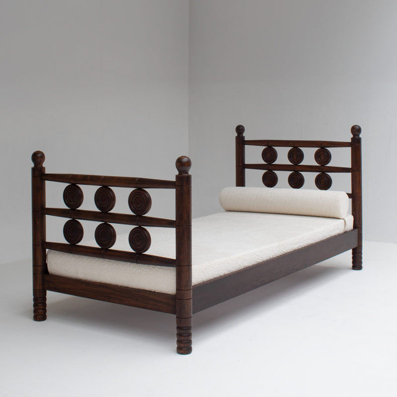 Mid-Century Wooden Bed with Sculptural Headboard by Malata Antwerp | The Oblist