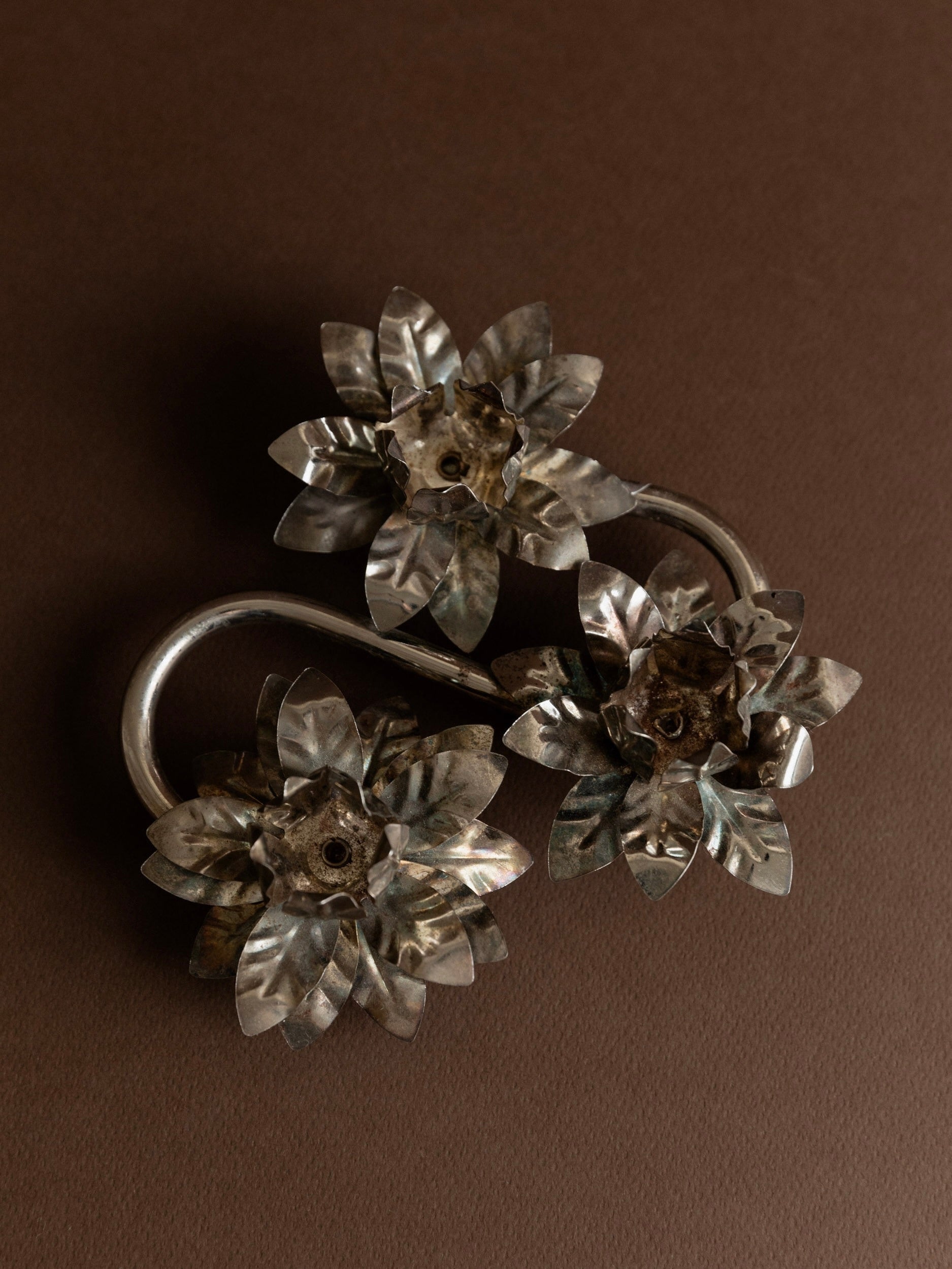 Silver Plated Vintage Candleholders — side view of floral design details