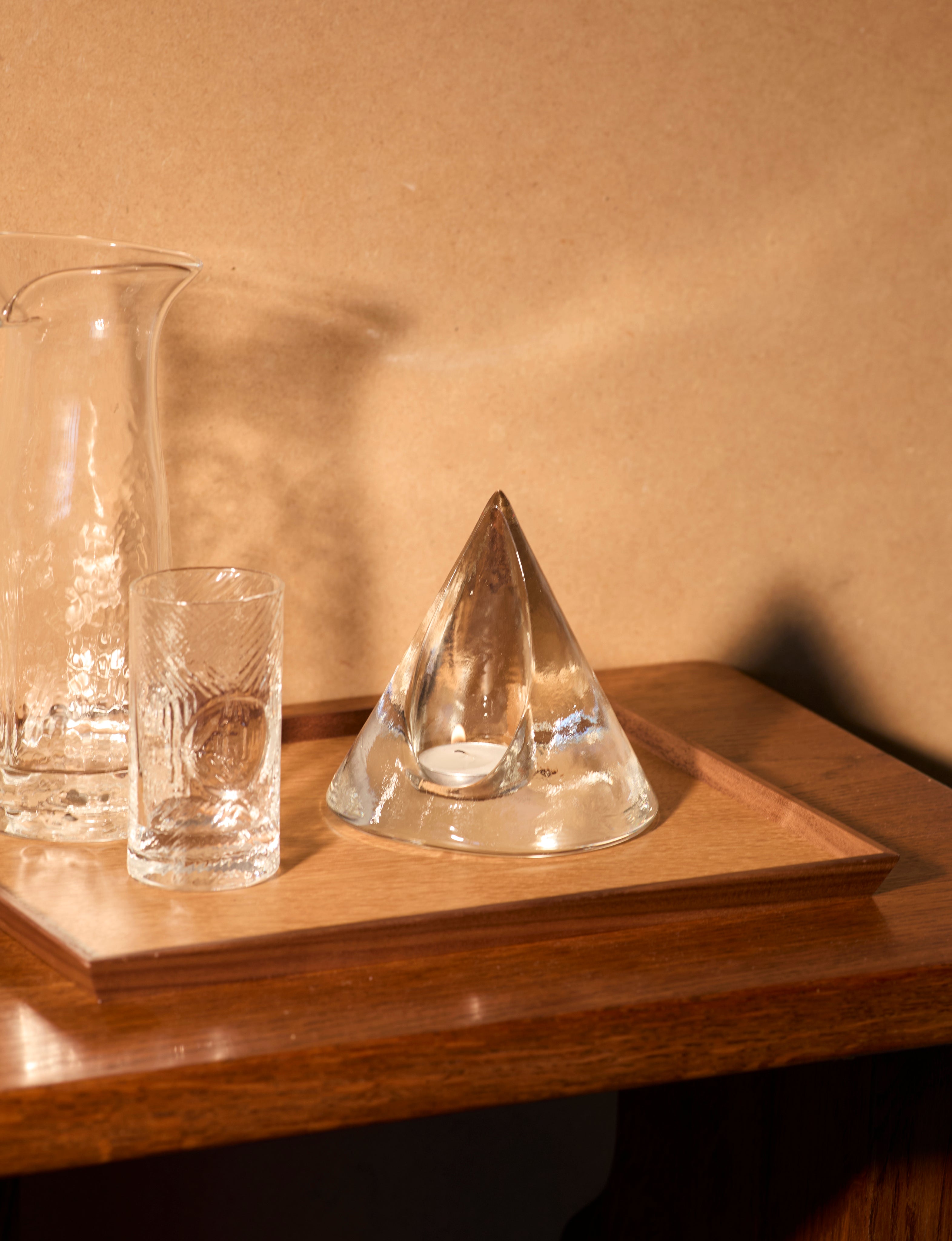 Clear glass pyramid candle holder in European glass  — detail view