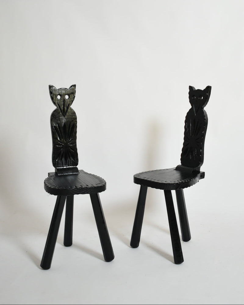 Pair of Brutalist Ebonised Wood Owl Chairs, 1960s by Barracuda Interiors | The Oblist — handcrafted black wood design