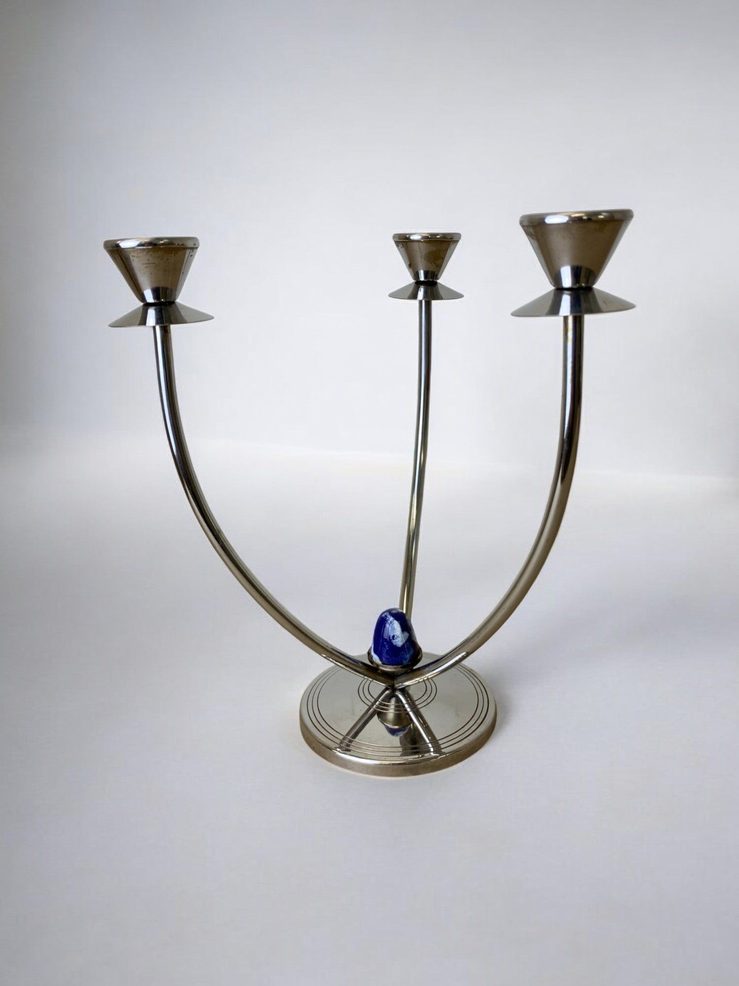 Art Deco Candleholder in Stainless Steel and Blue Stone, Spain, 1970's by Malamar Studio | The Oblist — stainless steel, blue