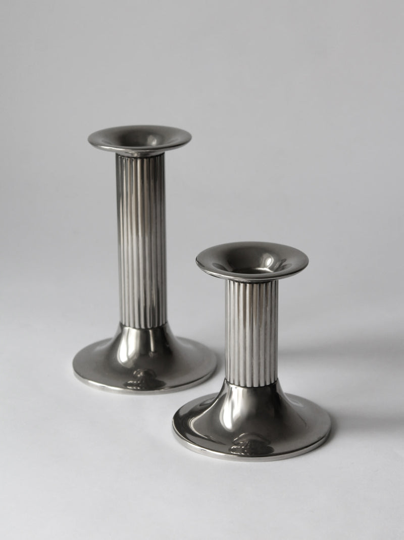 Fluted silver-plated Art Deco candlestick holders detail view