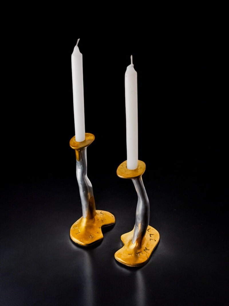 Pair of Brutalist Candleholders by David Marshall, 1980s — close-up of metal and brass details