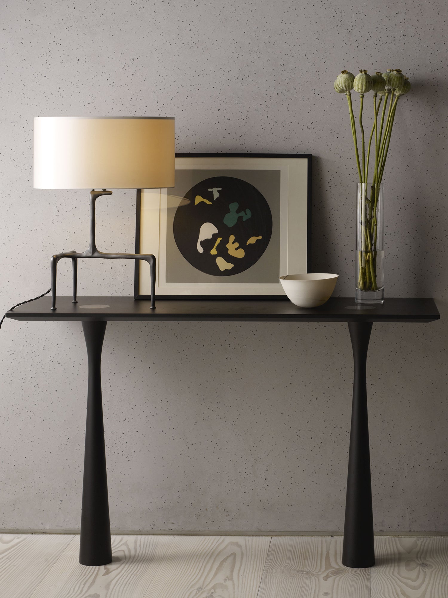BRAQUE Table with Dove Grey Silk Shade — close-up on black console with art and vase