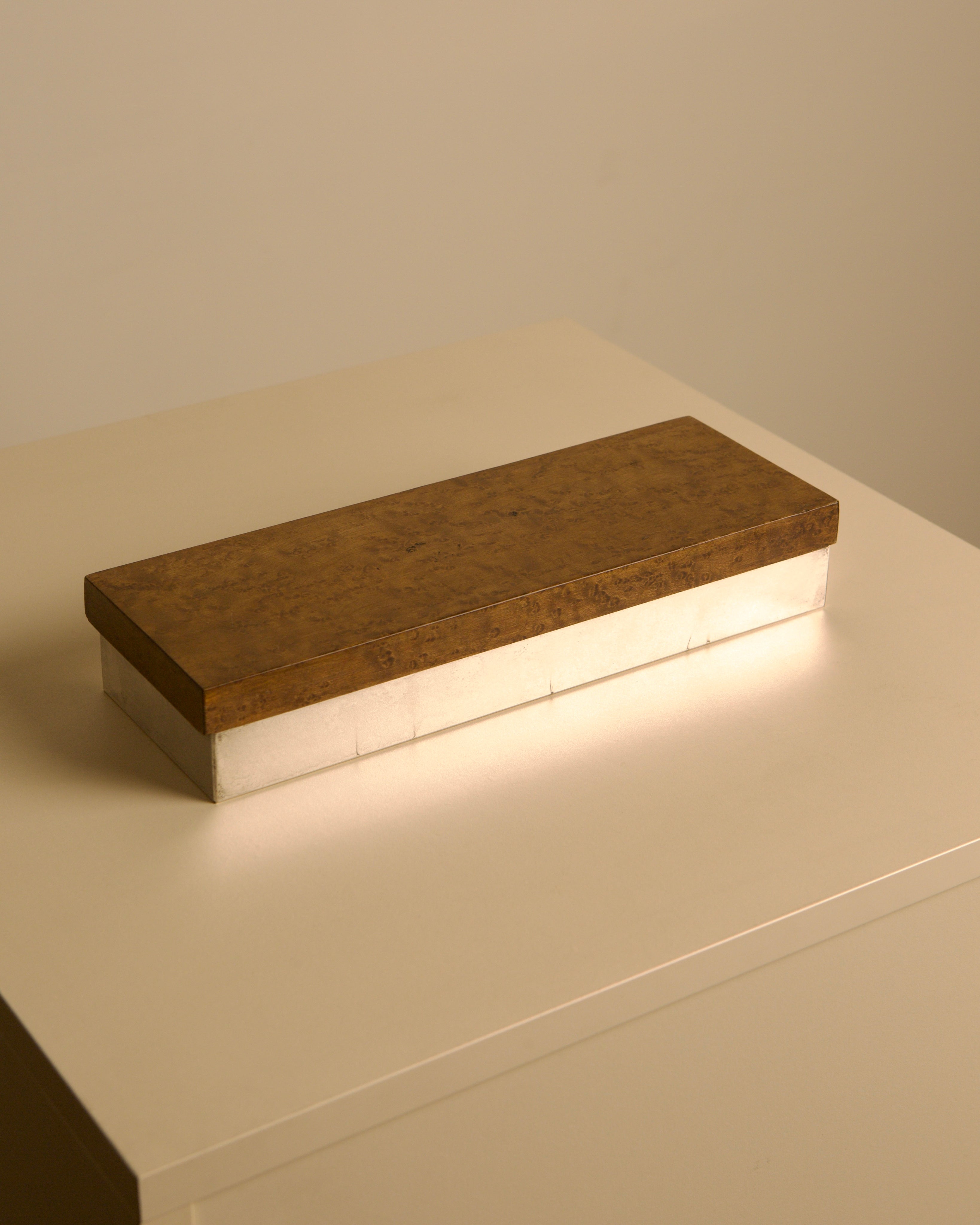 Vintage Italian Burl Walnut and Silvered Metal Box, 1960s — side angle