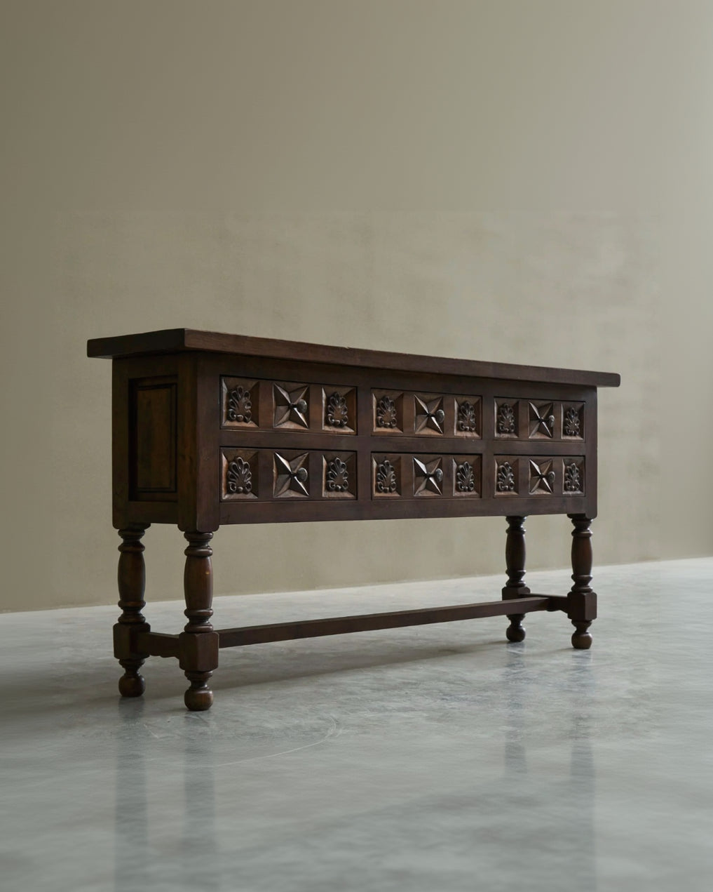 Spanish Style Sideboard in Hand-Carved Solid Walnut and Wrought Iron Early 20th Century — side angle