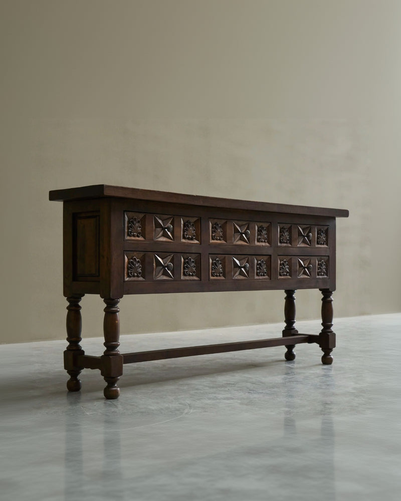 Spanish Style Sideboard in Hand-Carved Solid Walnut and Wrought Iron Early 20th Century — side angle