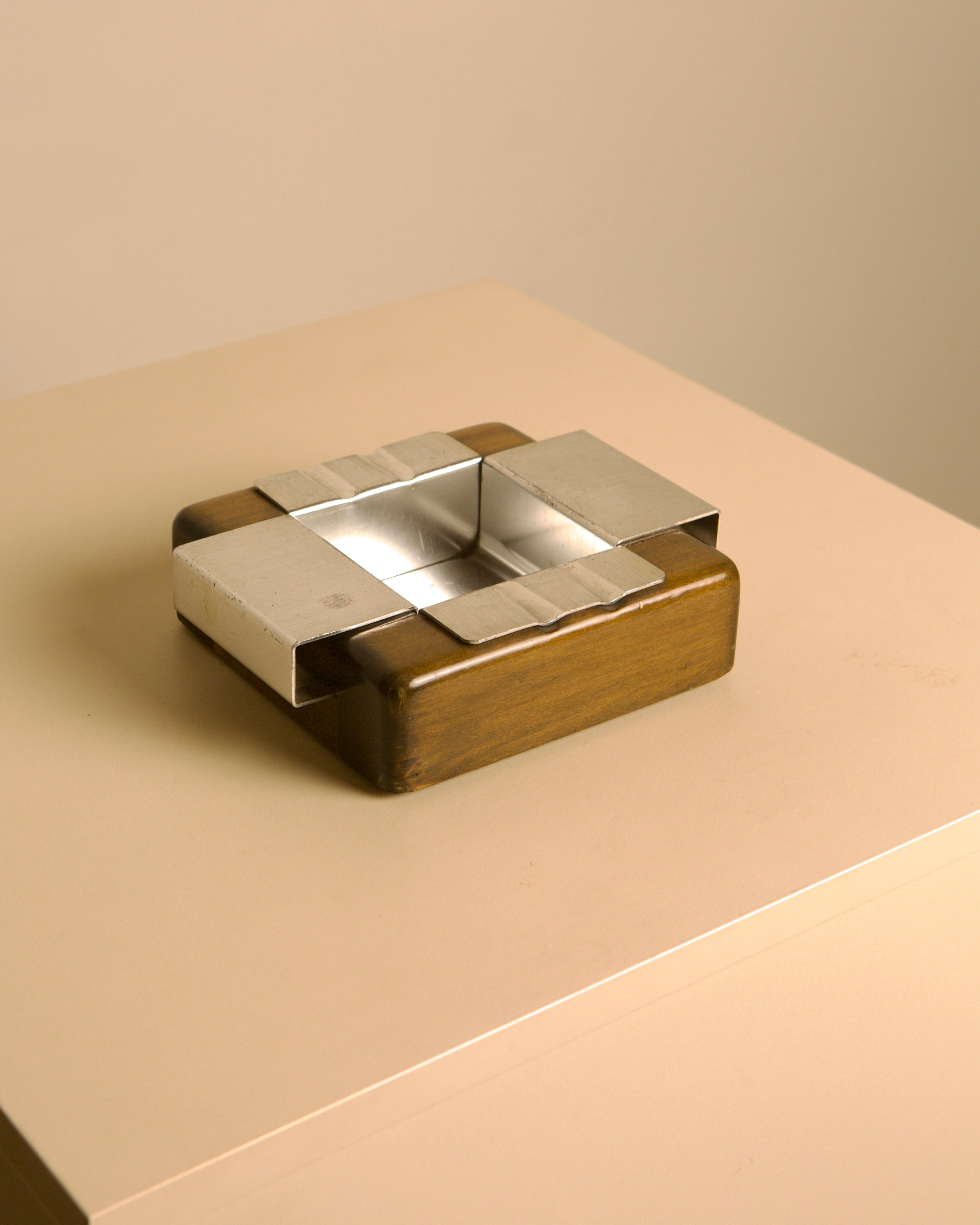 Italian Wood and Brushed Metal Ashtray, 1980s  — side angle