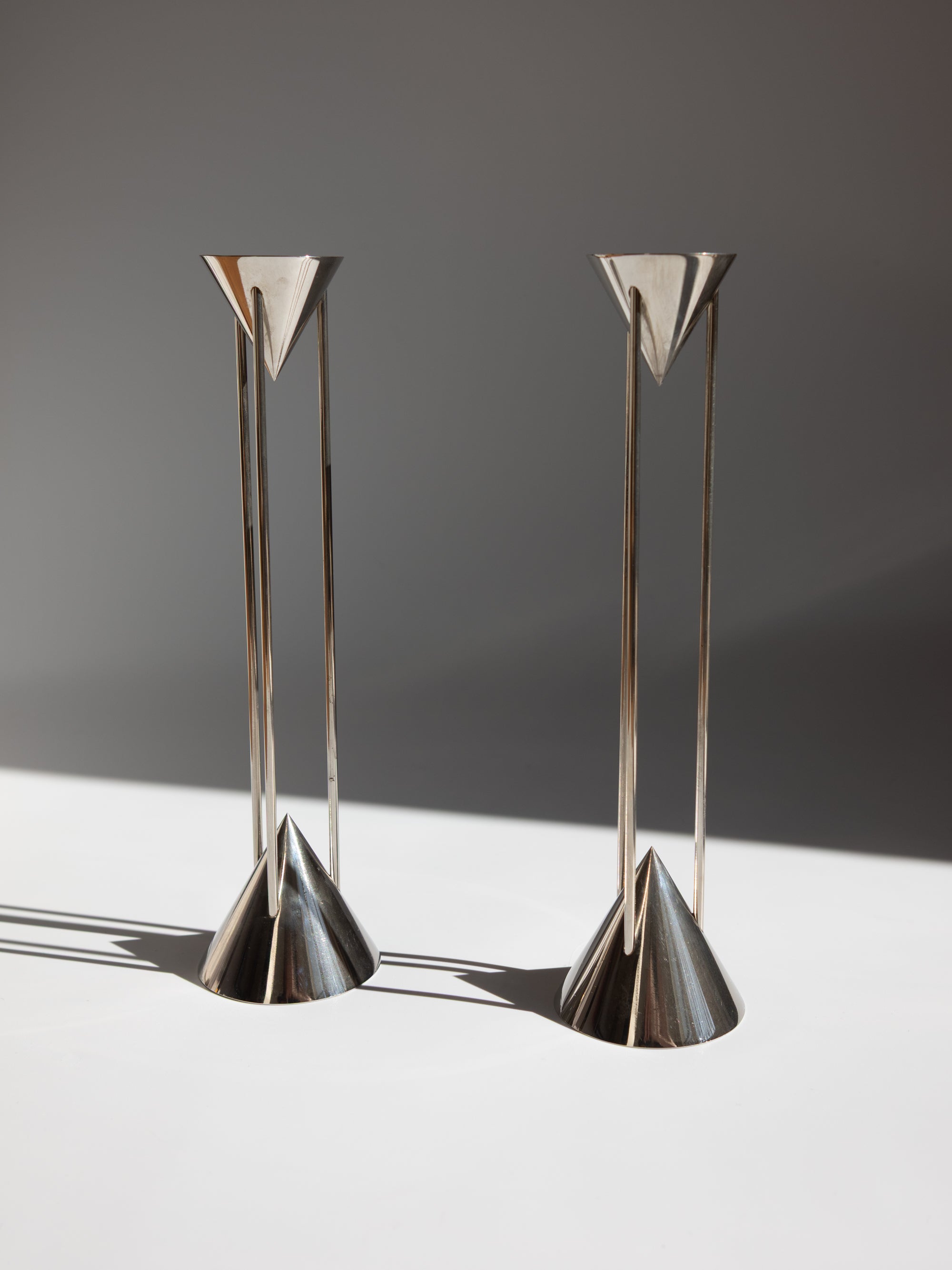 Pair of Chrome Postmodern Candlesticks by Markus Borgens for D-TEC - Germany, c. 1980s — detail view