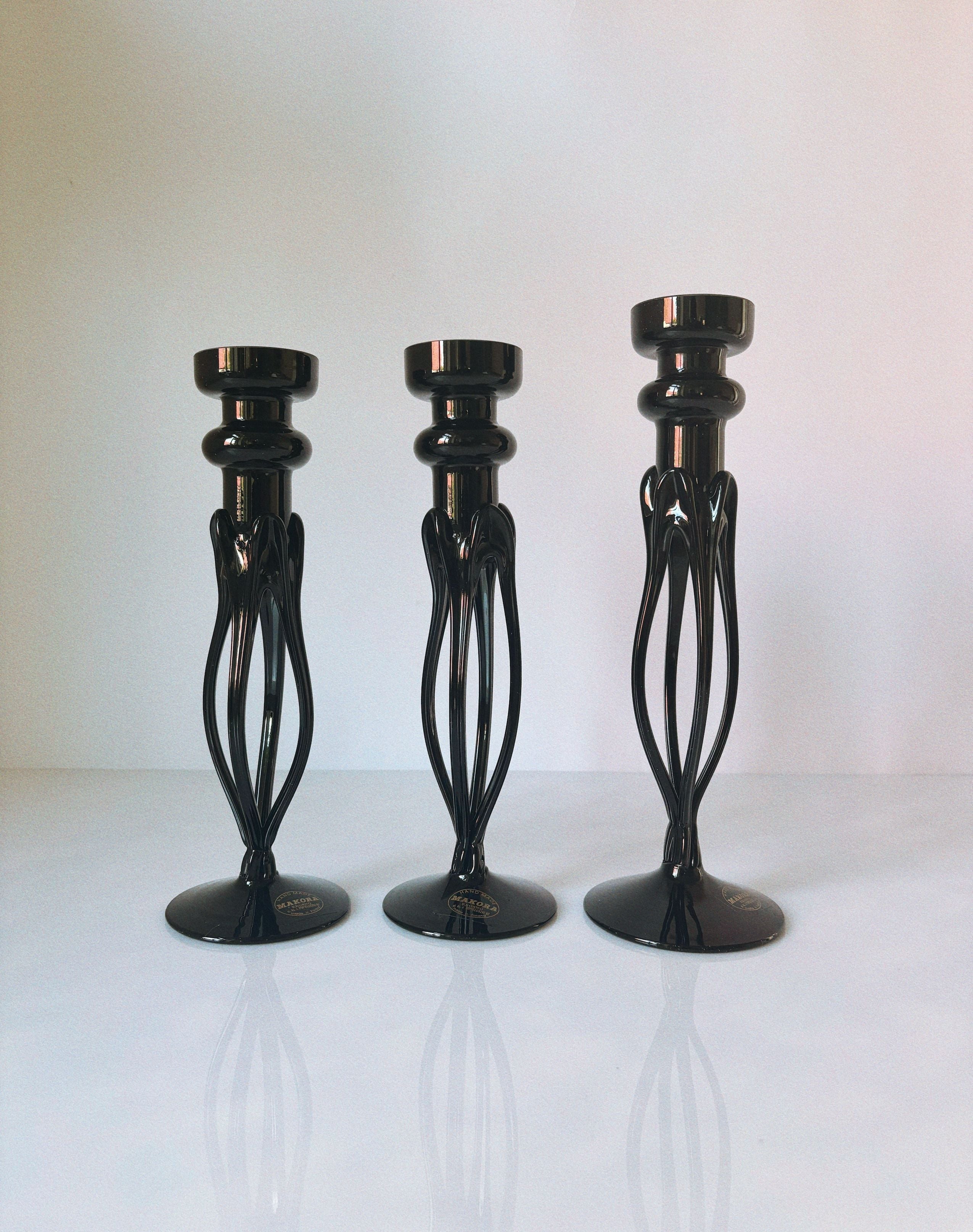 Set of 3 black glass candleholders with twisted stems by Krosno