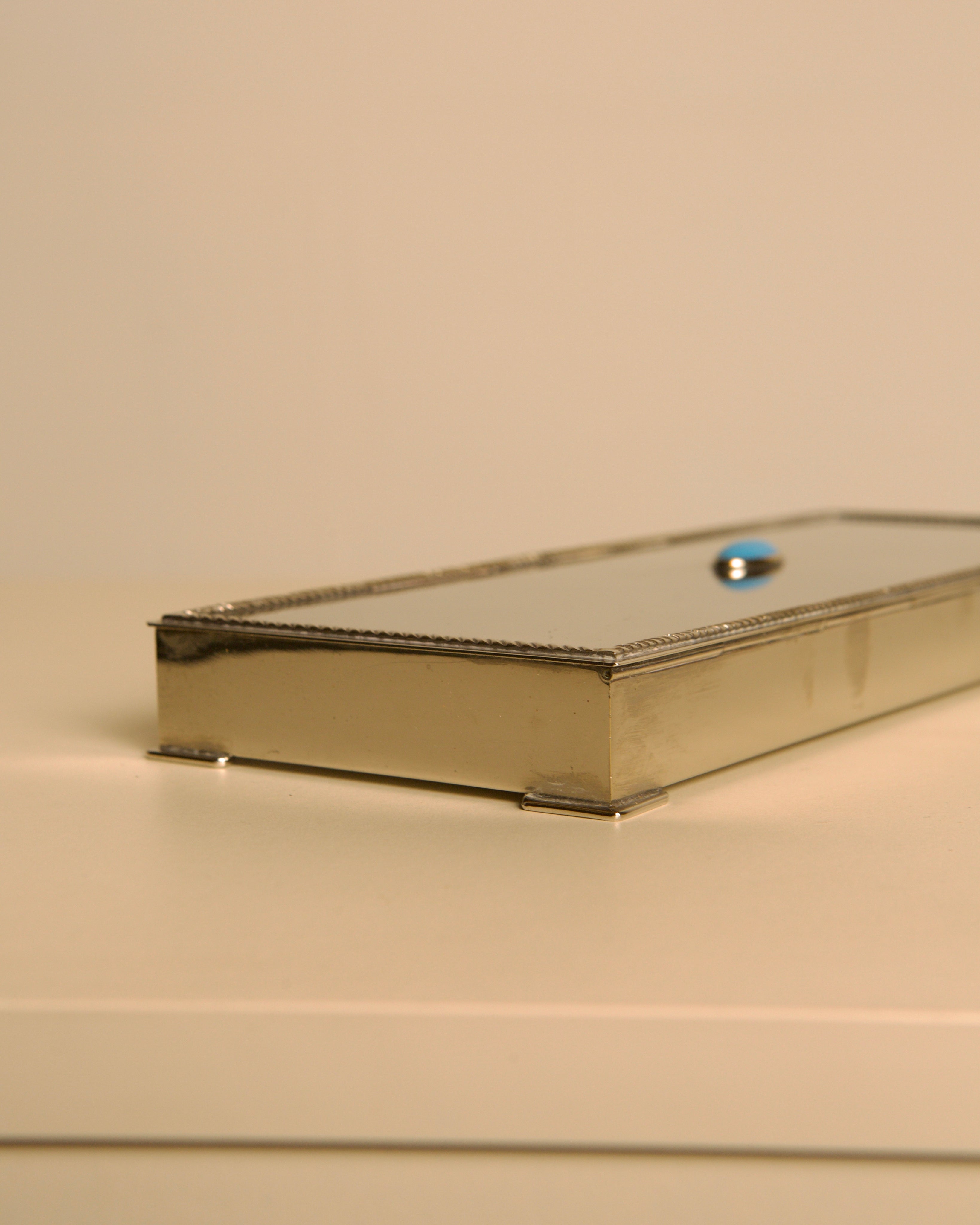 Italian Art Deco Silver-Plated Box with Turquoise Cabochon & Wood Interior, 1940s — in context