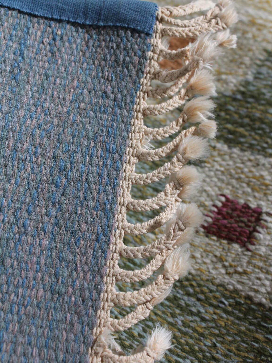 Karin Jönsson Swedish Mid-Century Geometric Wool Kilim 171x252cm — close-up of fringe detail on textured wool