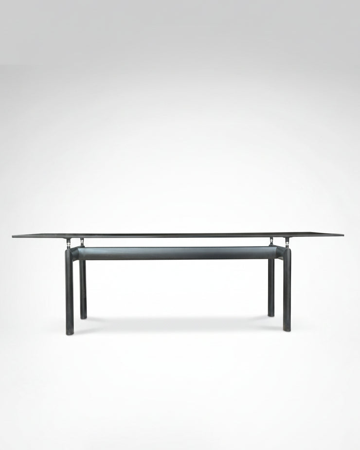 LC6 Dining Table by Le Corbusier et al. for Cassina 1990s — front view highlighting glass top and metal frame