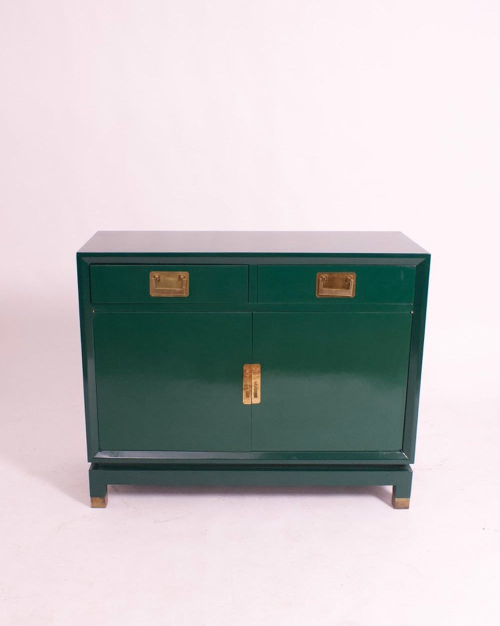 Chinese Style Green Lacquered Chest of Drawers, 1970s — side angle showing brass hardware
