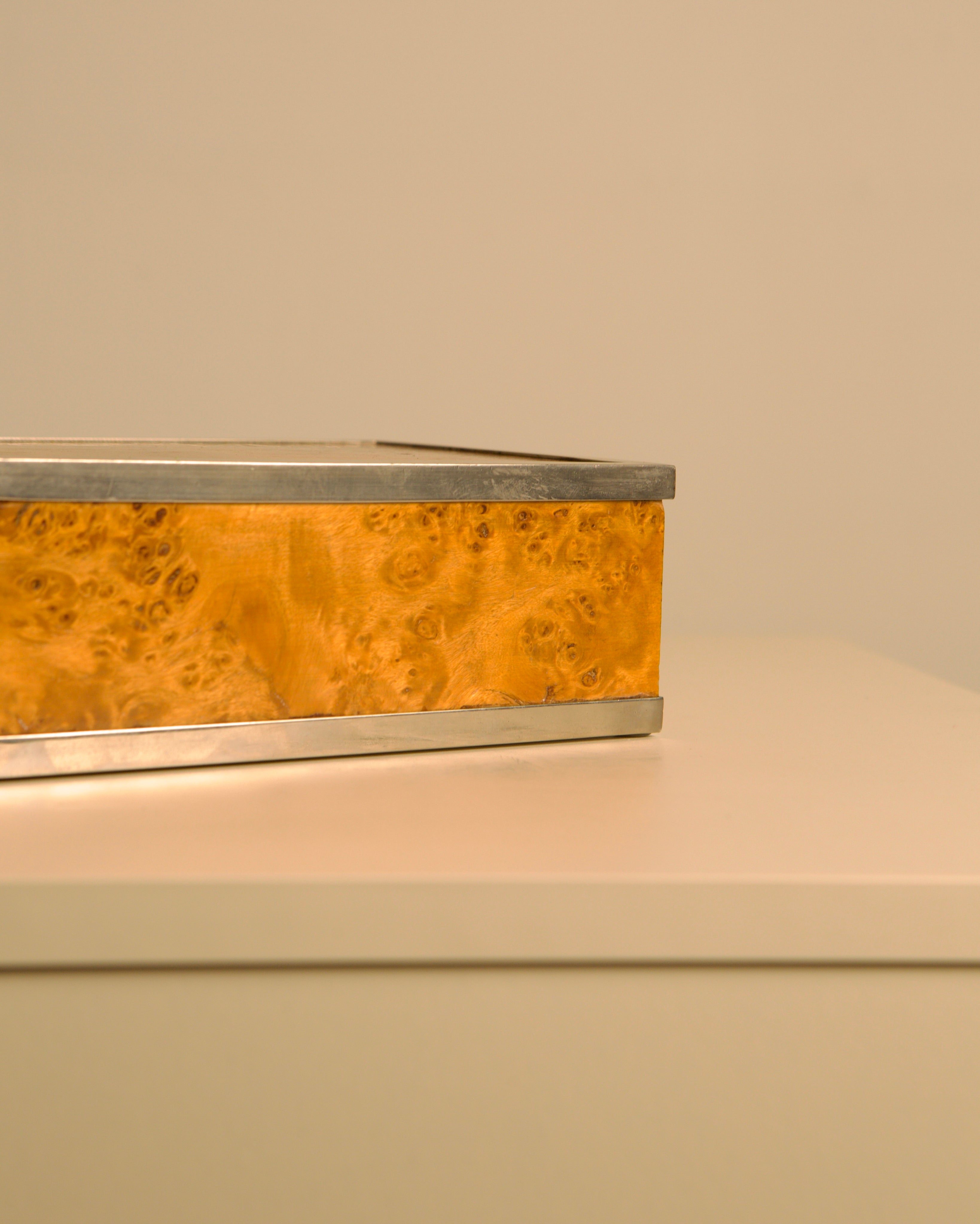 Italian Box in Poplar Burl Wood and Metal, 70s — side angle showing wood grain detail