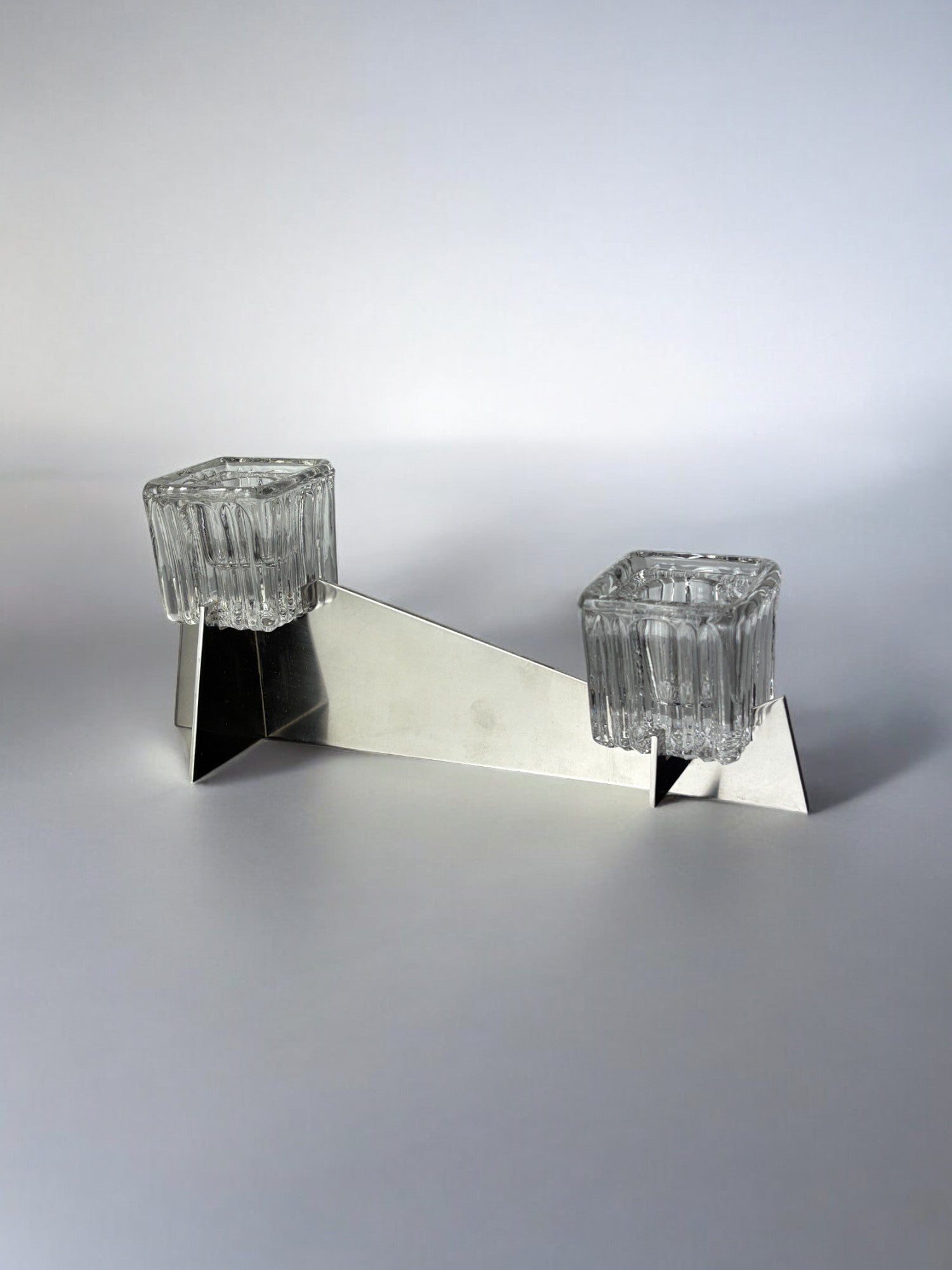 Peill & Putzler Candleholder, Glass and Metal, Germany, 1970's — side angle with clear glass holders on metal base