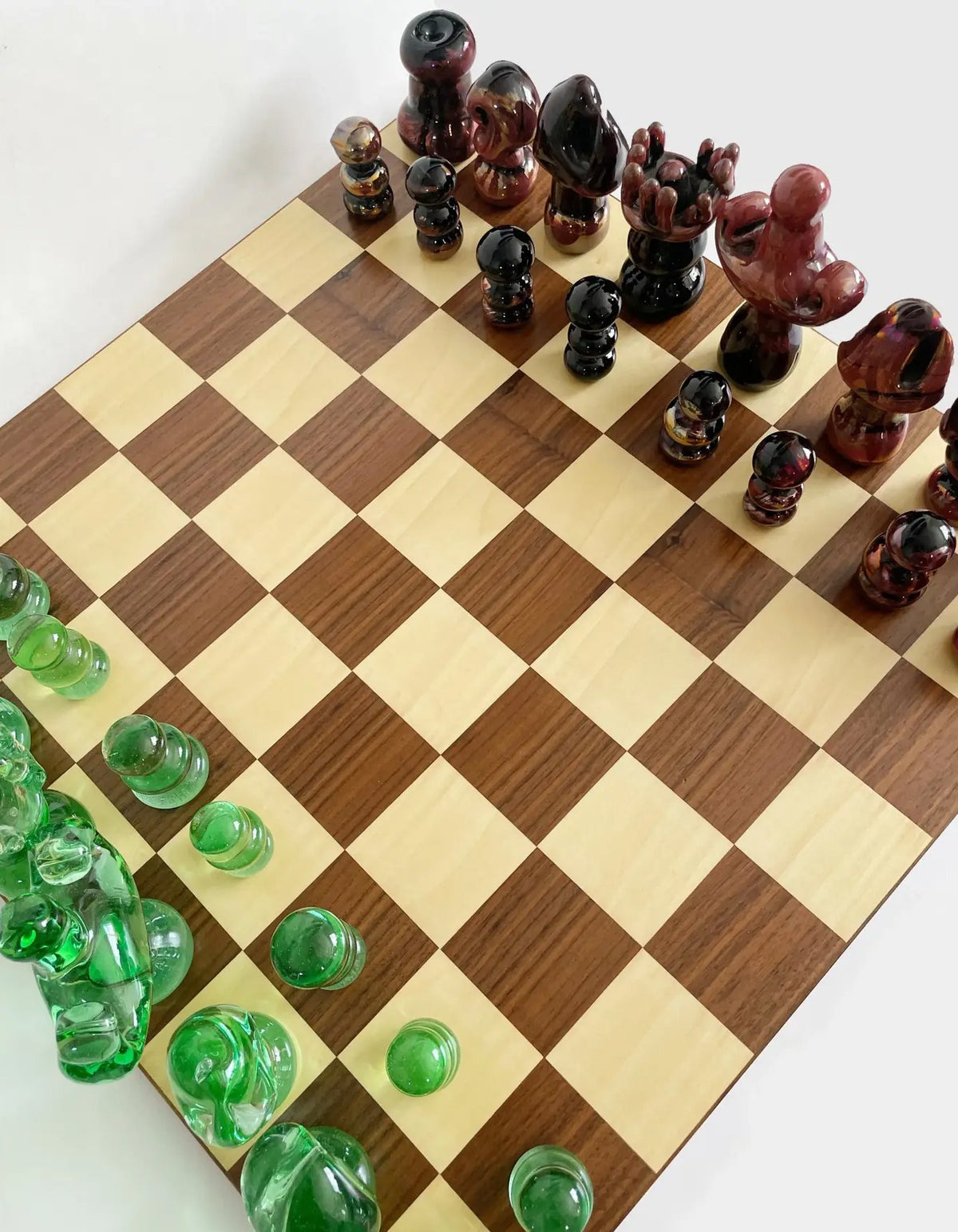 Late 20th Century Art Glass Murano Chess Set with Wood Board — detail view