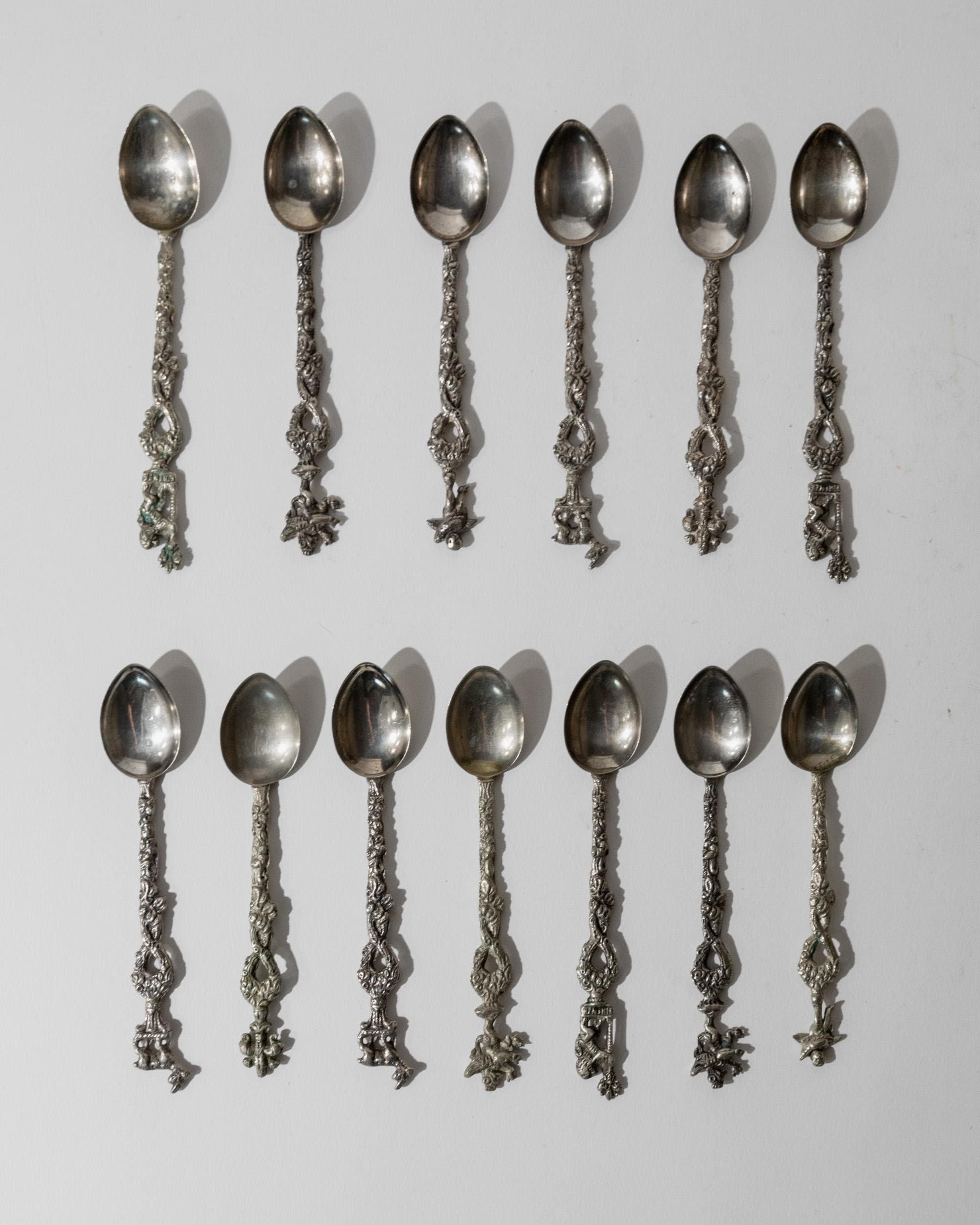 Vintage 1930s Silver Plated Tea and Cake Serving Set, 13 Ornate Spoons with Heraldic Figures and 1 Cake Server, Italian Tableware, Gift Idea — additional view