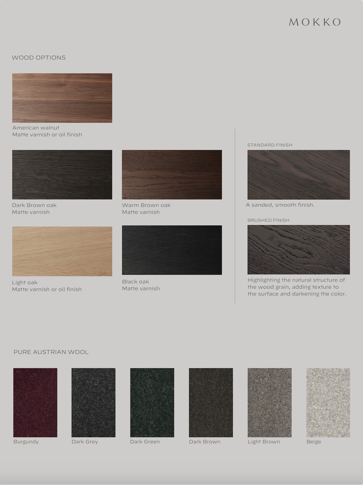 A Mokko sample board features walnut and oak woods and wool swatches in burgundy, dark grey, green, brown, and beige—ideal for choosing finishes for your Acer Sofa.