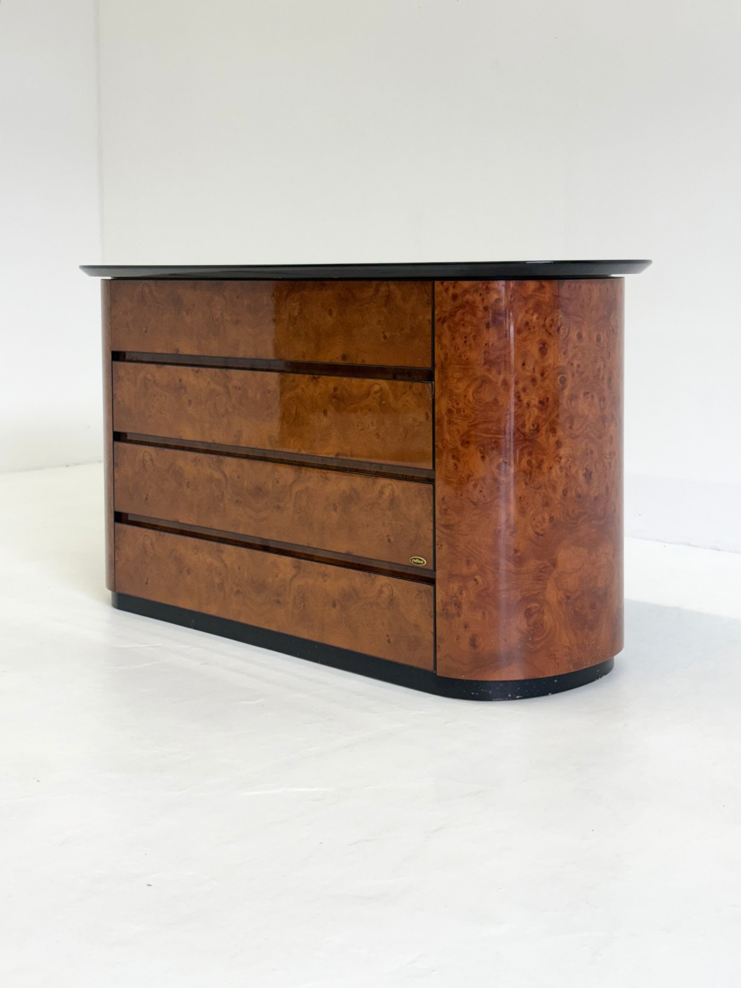 Vintage Voltan chest of drawers made of lacquered burl wood with bar — side angle