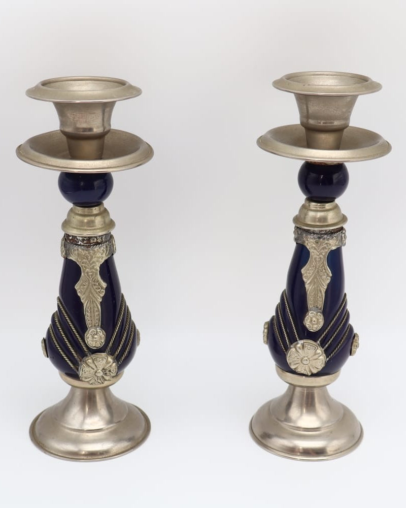 Pair of Vintage Moroccan Style Candlesticks – Cobalt Blue Resin & metal Ornamentation — detail view