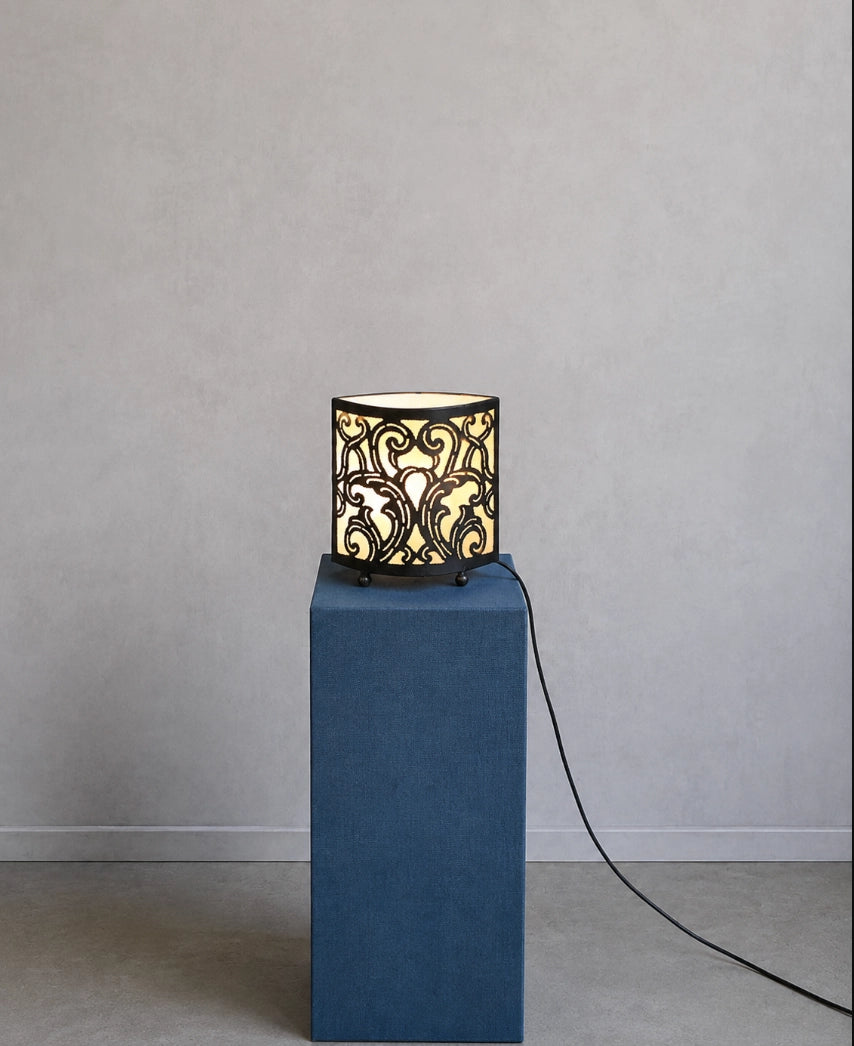 1970s French D-Shape Wrought Iron & Fabric Table Lamp — detail view
