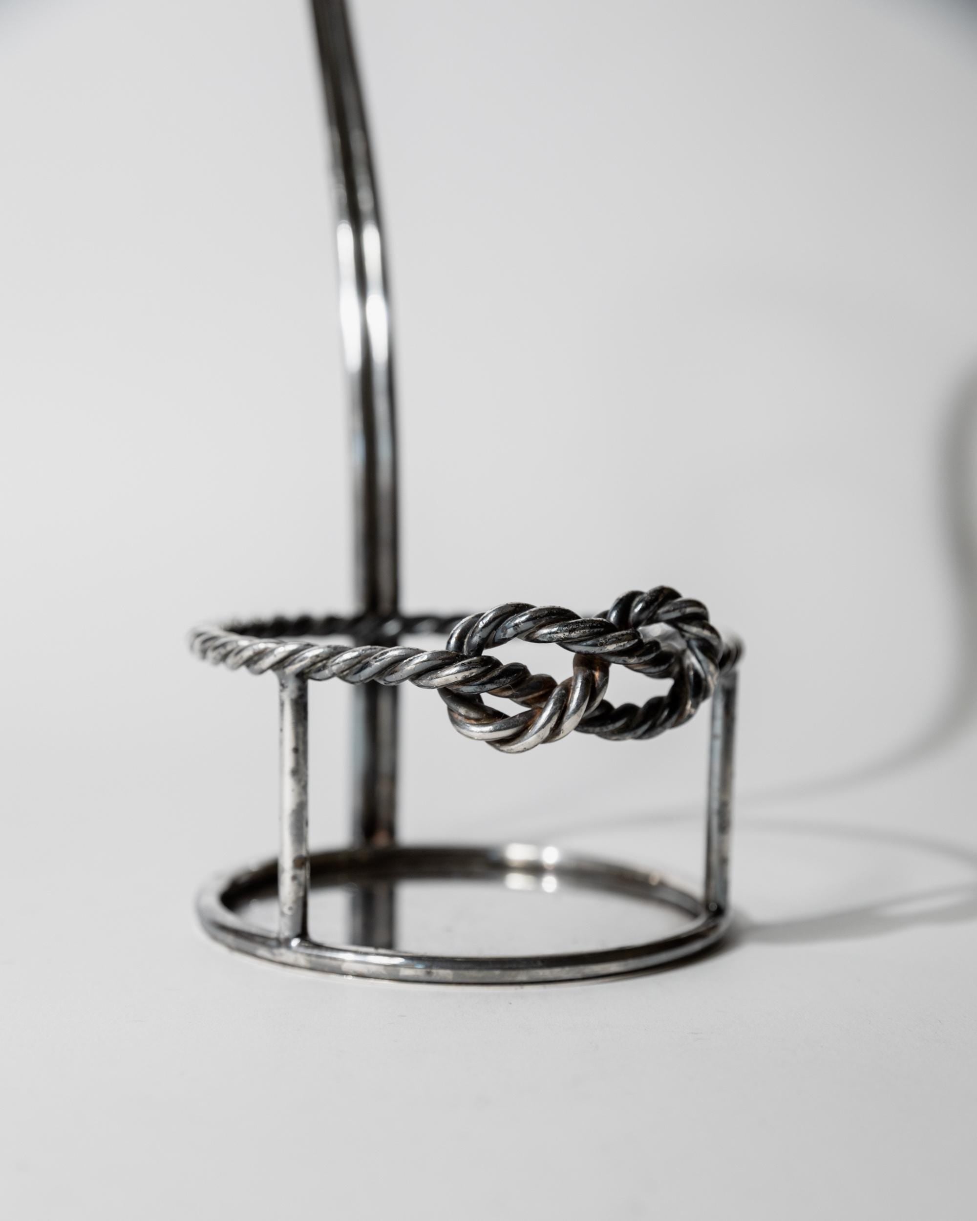 Vintage 1930s Silver Plated Wine Bottle Holder, Adjustable Ring, Woven Detail, Elegant Bar Accessory, by Serra Roma Italy, Gift Idea — side angle